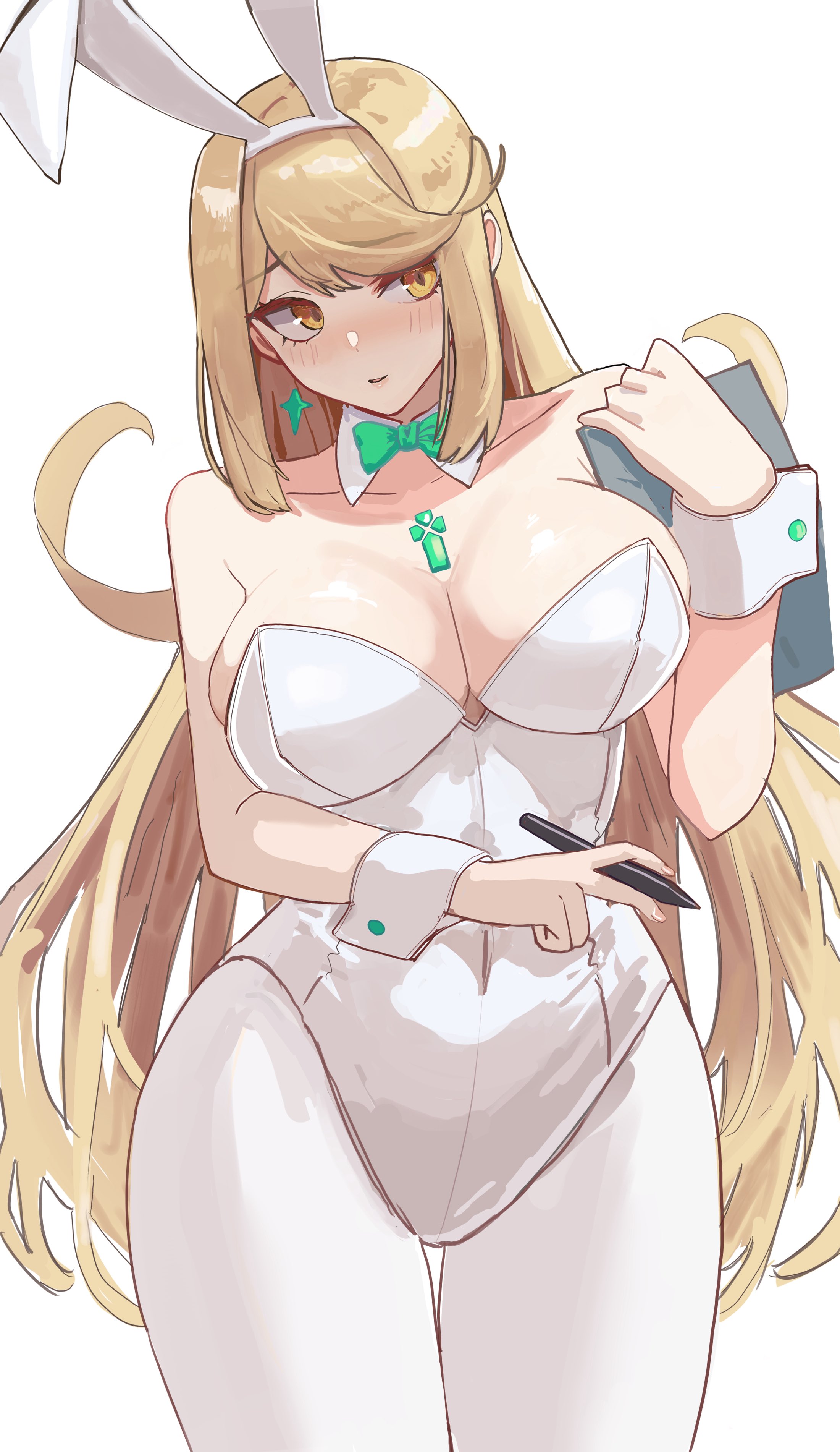 1girls, blonde female, blonde hair, breasts, bunny ears, bunnysuit, long hair, mythra (xenoblade), white bunnysuit, xenoblade (series), xenoblade chronicles 2, yellow eyes