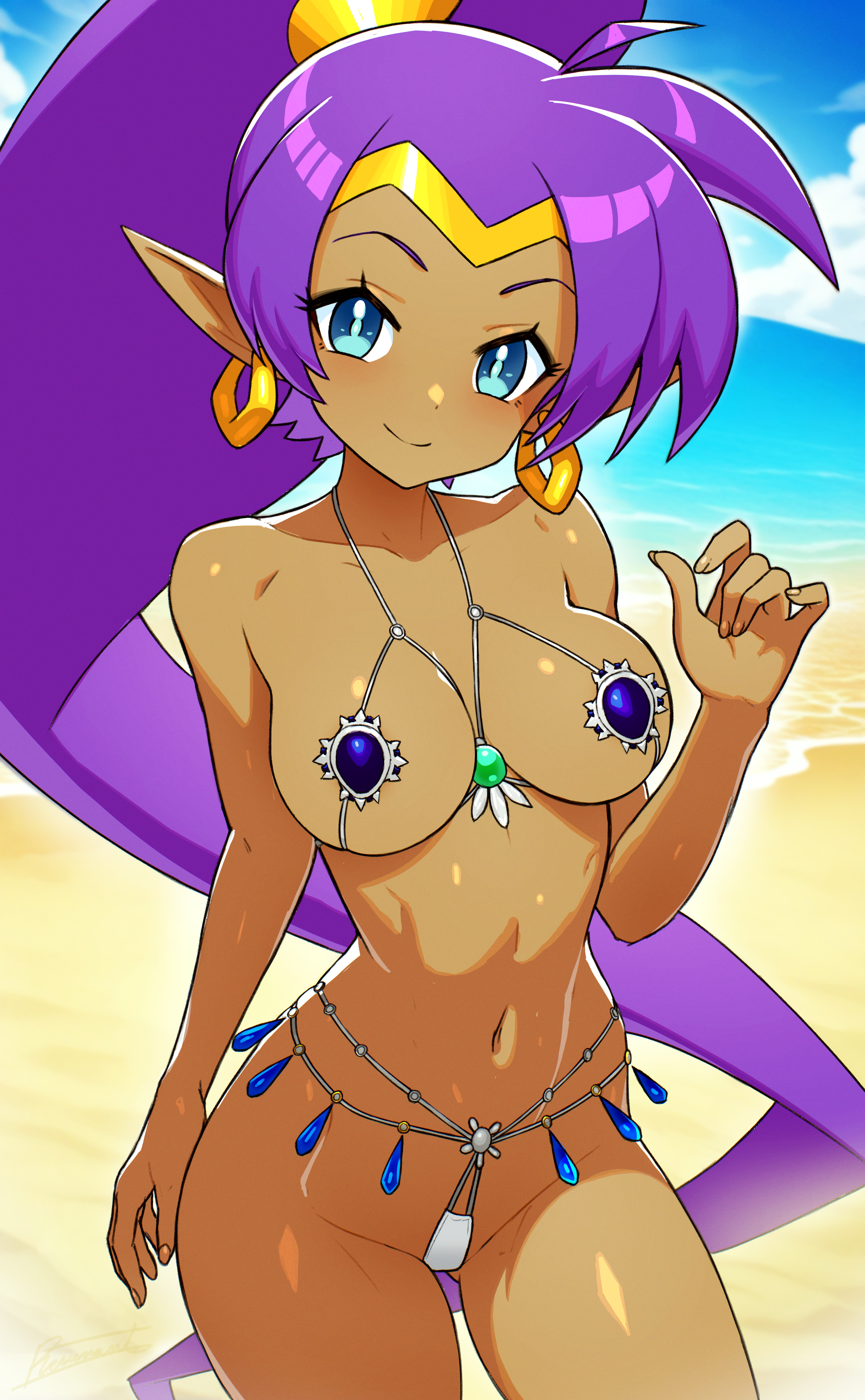 1girls, abs, beach, beach background, blue eyes, dark skin, dark-skinned female, earrings, female, genie, genie girl, half genie, outdoors, purple hair, revenantart, shantae, shantae (character), skimpy bikini, tagme
