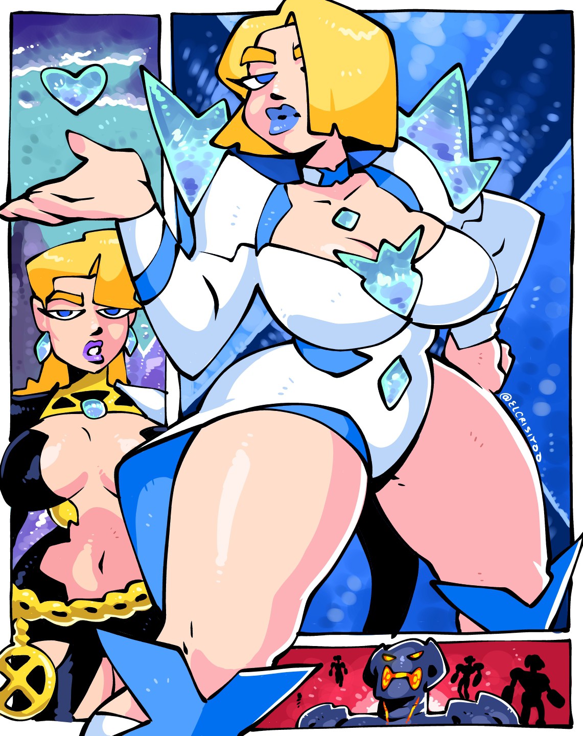 ass, big ass, big breasts, big butt, big thighs, big titties, blonde eyebrows, blonde female, blonde hair, blue eyes, blue lipstick, bob cut, boots, breasts, crisiyotron, curvaceous, curvaceous female, curvaceous figure, curvy, curvy figure, curvy hips, elcrisiyoo, emma frost, emma frost (marvel rivals), female, female focus, female only, high heel boots, high heels, light skin, light-skinned female, looking at viewer, marvel, marvel comics, marvel rivals, purple lipstick, short hair, yellow hair
