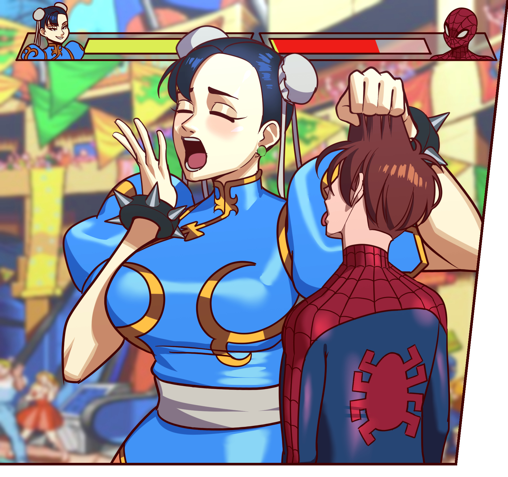 1boy, 1girls, aftermath, age difference, assertive female, bad end, big breasts, breasts, capcom, captured, chun-li, chun-li (fortnite), crossover, curvy, defeat, defeated, defeated hero, dominant female, domination, eastern and western character, embarrassing, female, femdom, game, gameplay mechanics, health bar, height difference, helpless, helpless male, hero in trouble, holding hair, holding head, huge breasts, humiliated, humiliation, jerkdibuja, loser, loser face, male, male dominated, malesub, marvel, marvel comics, marvel vs. capcom, mocking, older female, open mouth, size difference, smaller male, smile, spider-man, spider-man (series), street fighter, submissive, submissive male, taunting, tongue, tongue out, unmasked