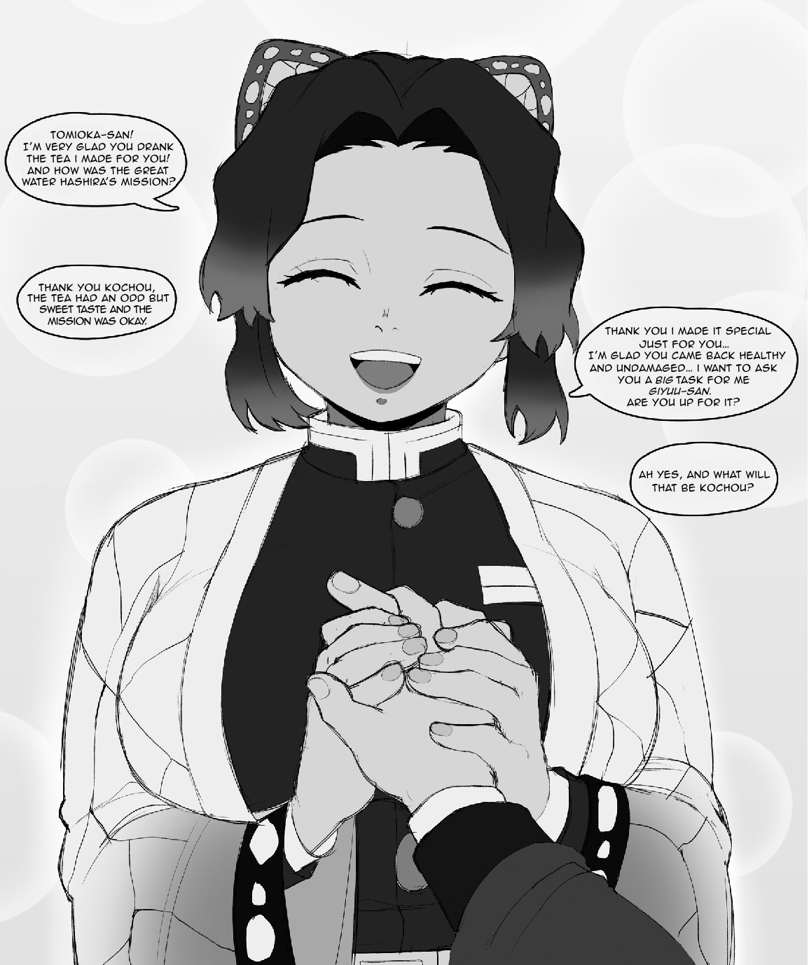 1boy, 1girls, blackwhiplash, butterfly hair ornament, bwl, closed eyes, clothed female, clothing, demon slayer, english text, eyes closed, female, female focus, hair ornament, holding hand, kimetsu no yaiba, kochou shinobu, male, monochrome, mouth open, open mouth, speech bubble, tagme, talking, text, text bubble, tomioka giyuu