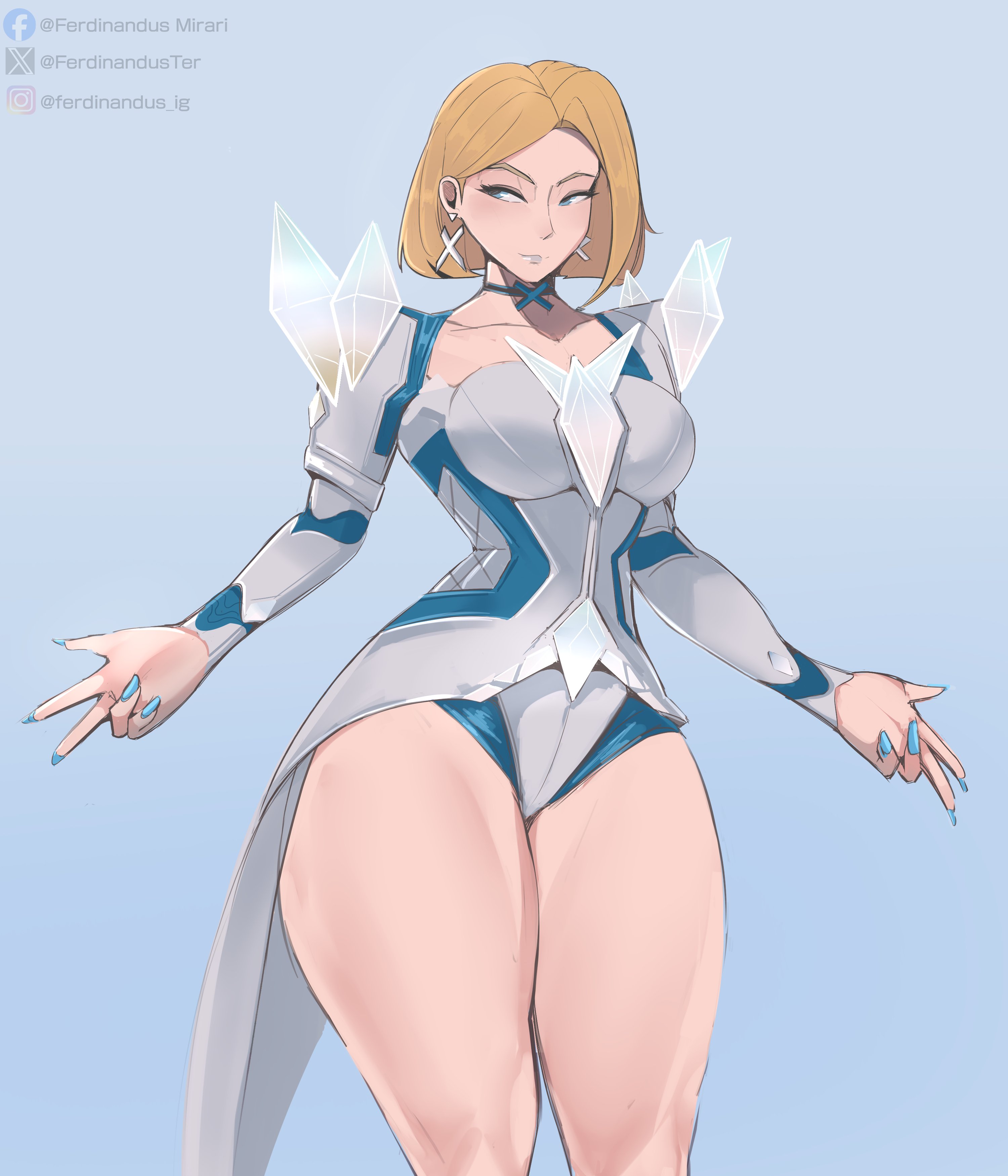 1girls, blonde female, blonde hair, blue lipstick, blue nails, bob cut, breasts, emma frost, emma frost (marvel rivals), female, female focus, female only, ferdinandus, hi res, large breasts, light skin, light-skinned female, looking at viewer, marvel, marvel comics, marvel rivals, solo, thick thighs, thighs, wide hips
