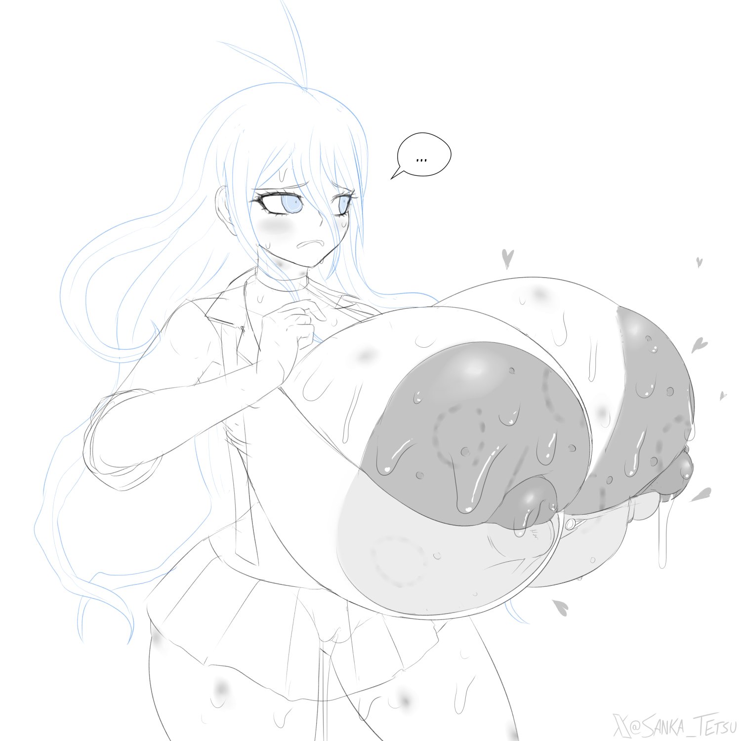 ahoge, areola, areola bulge, areola slip, areolae, areolae slip, areolae visible through clothing, big breasts, bite mark, bite mark on breast, bite marks, black and white, blue eyes, blush, breasts, breasts bigger than head, bursting breasts, choker, danganronpa, danganronpa v3, embarrassed, embarrassed female, fat boobs, fat breasts, fat tits, female, gigantic breasts, glands of montgomery, hickey, hickey marks, hickeys, hickeys on neck, huge areolae, huge breasts, huge nipples, iruma miu, lactation, large areolae, large boobs, large tits, line art, nervous, nervous sweat, nipple slip, puffy nipples, pussy, sanka-tetsu, see-through, shirt, sketch, skirt, sweat, sweaty, sweaty body, tight clothing, top heavy, vagina, wardrobe malfunction