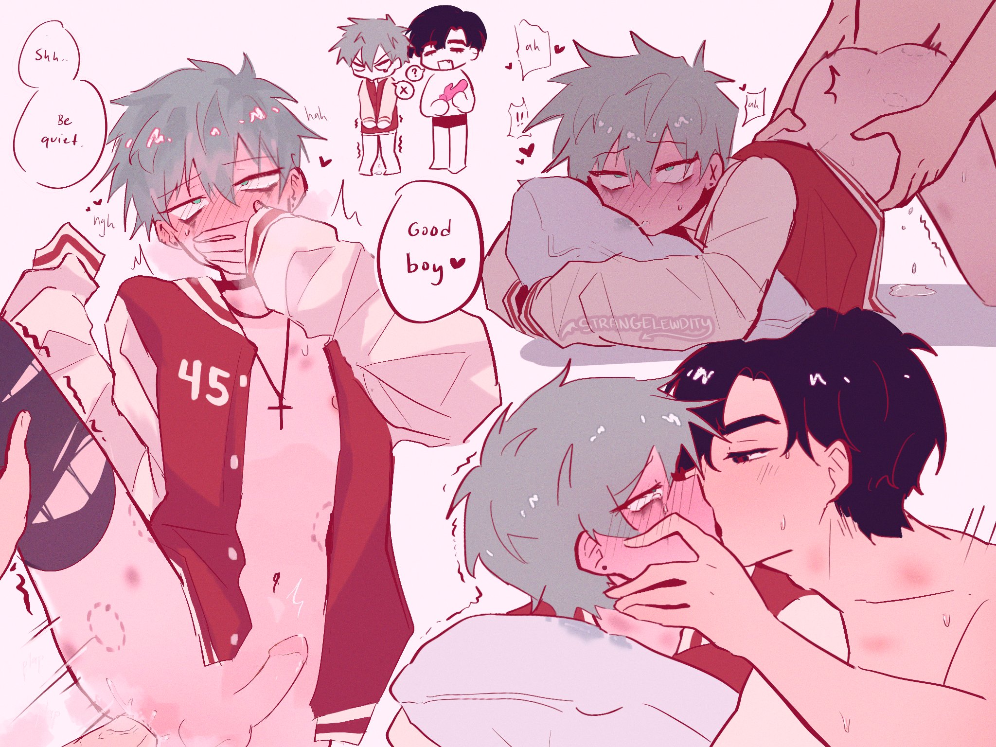 2boys, ahe gao, alien stage, anal, bite mark, black hair, blush, ear piercing, embarrassed, femboy, gay, gay domination, gay sex, good boy, green hair, half-dressed, hickey, ivan (alien stage), kissing, male, male/male, markings, mind break, pillow grab, pillow hug, strangelewdity, sweat, tears, till (alien stage), yaoi