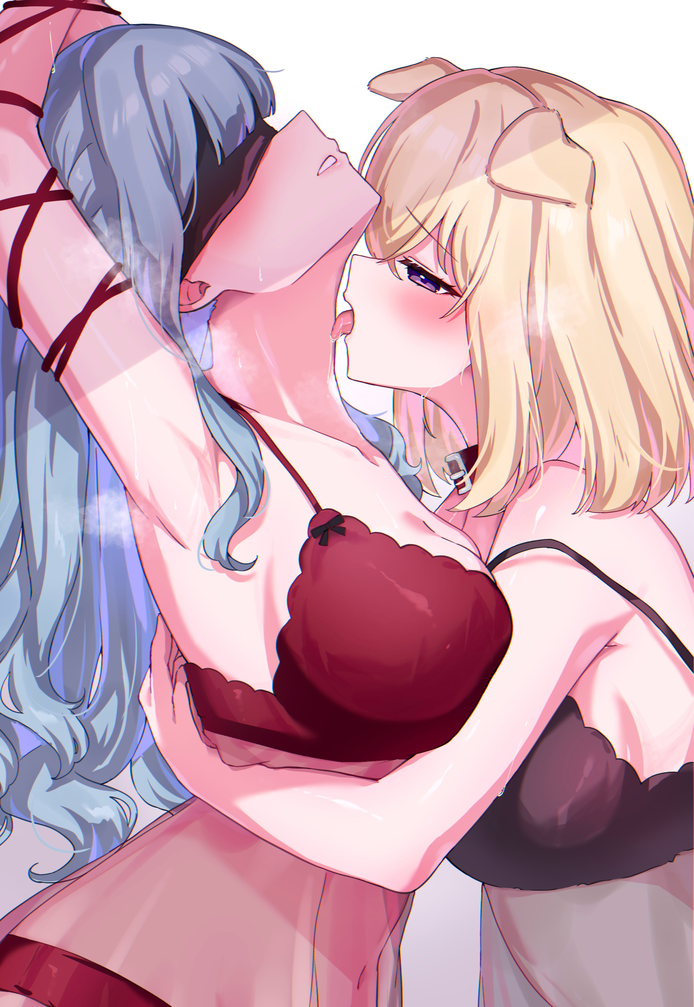 2girls, absurdres, animal ears, arms up, bang dream!, bang dream! it's mygo!!!!!, black bra, blindfold, blonde hair, blue hair, blush, bound, bound arms, bra, breasts, cleavage, collar, dog ears, dog girl, female, gradient background, highres, large breasts, licking, licking another's neck, long hair, medium hair, meu203, misumi uika, multiple females, multiple girls, open mouth, parted lips, purple eyes, red bra, sweat, togawa sakiko, tongue, tongue out, underwear, white background, yuri