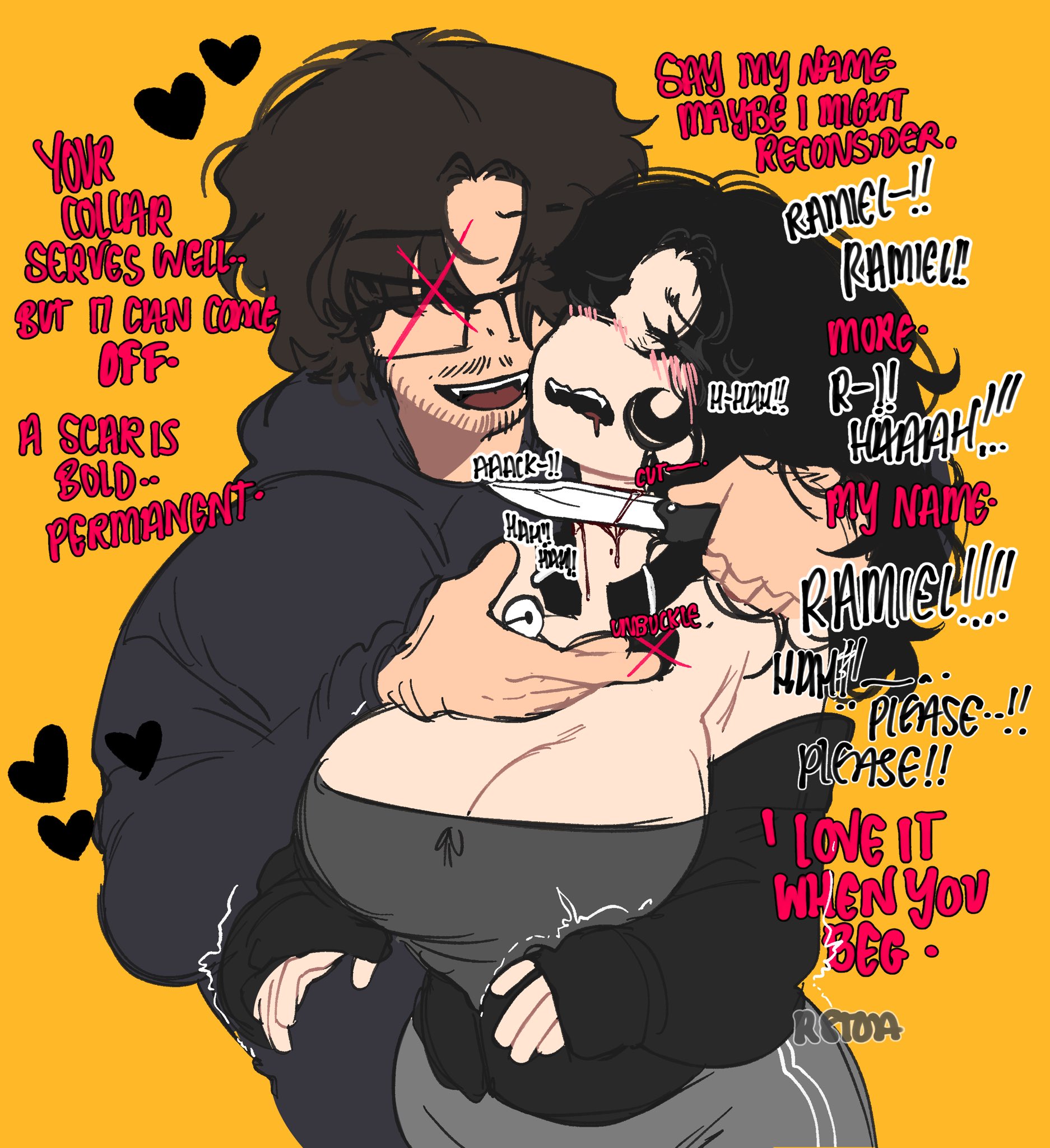 1boy, 1girls, abuse, abused female, ass, belly, belly bulge, big ass, big breasts, blood, breasts, brother and sister, canine, chubby, chubby female, cnc, dog ears, dog girl, dog tail, eyelashes, eyeliner, eyes, female, horny, horny female, huge breasts, huge thighs, knife, makeup, male, plump, r8toa, ram (r8toa), ryona, scars, self-harm scars, stockings, tagme, thicc, thick, thick ass, thick legs, thick thighs, thighhighs, thighs, toa (r8toa)