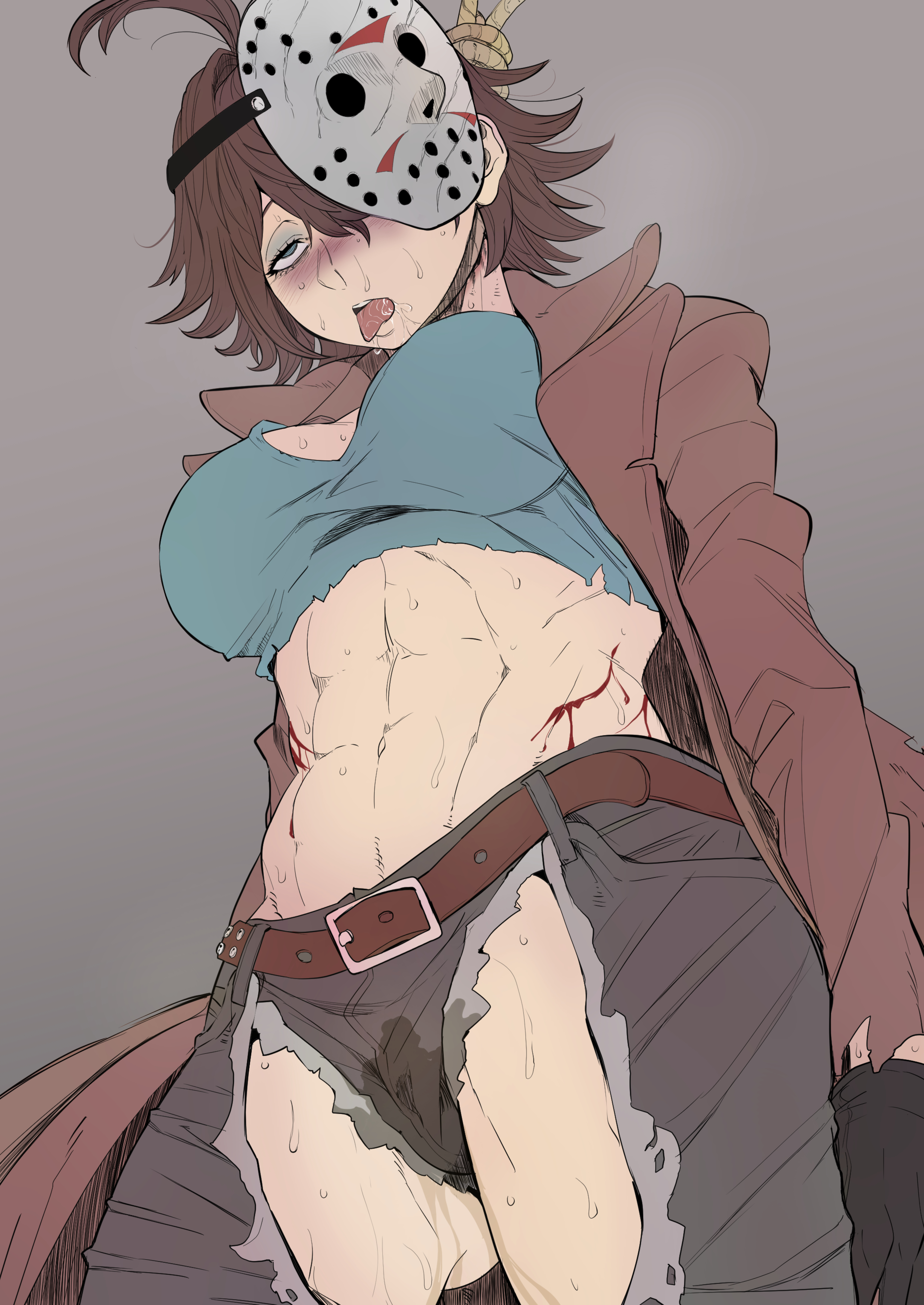 1girls, 2d, 2d (artwork), abs, absurd res, asphyxiation, bad end, belt, bishoujo jason voorhees, bishoujo terror, black gloves, brown belt, brown coat, brown hair, coat, death, death piss, drooling, female, female death, female killer, friday the 13th, genderswap (mtf), gloves, grey background, hanged, hanging, hi res, hockey mask, incontinence, injury, jason voorhees, k s, muscular, muscular female, navel, noose, open coat, peeing, rule 63, saliva, short hair, simple background, snuff, solo, sweat, tongue, tongue out, torn clothes, urine