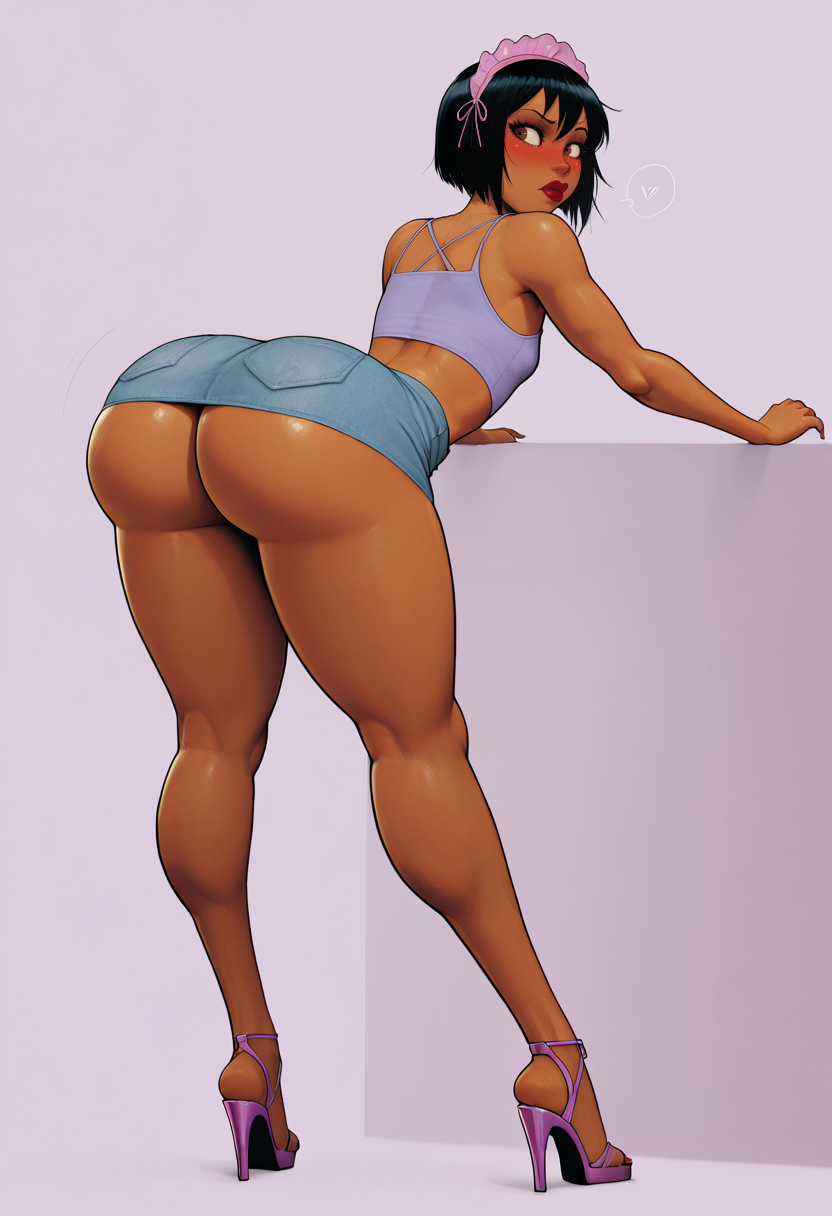 ai_generated bimbo black_hair brown_eyes brown_skin bubble_butt cumslut femboy glasses makeup pear-shaped_figure robin_desires sissy skinny_waist slut whore