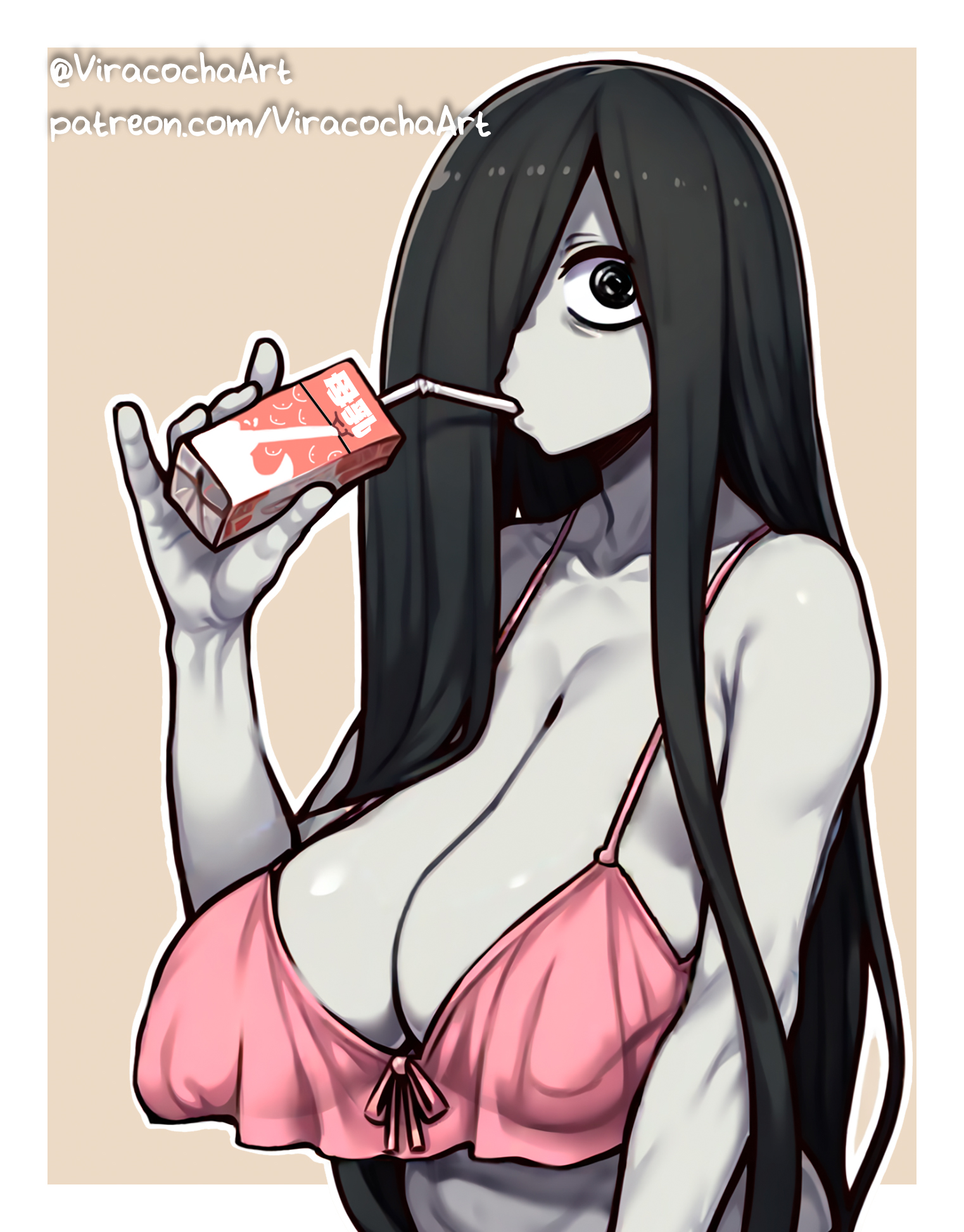 ai assisted, ai generated, big breasts, black hair, breasts, digital drawing (artwork), female, ghost girl, hanging breasts, huge breasts, long hair, milk, ringu, sadako yamamura, underwear, viracochaart, yamamura sadako