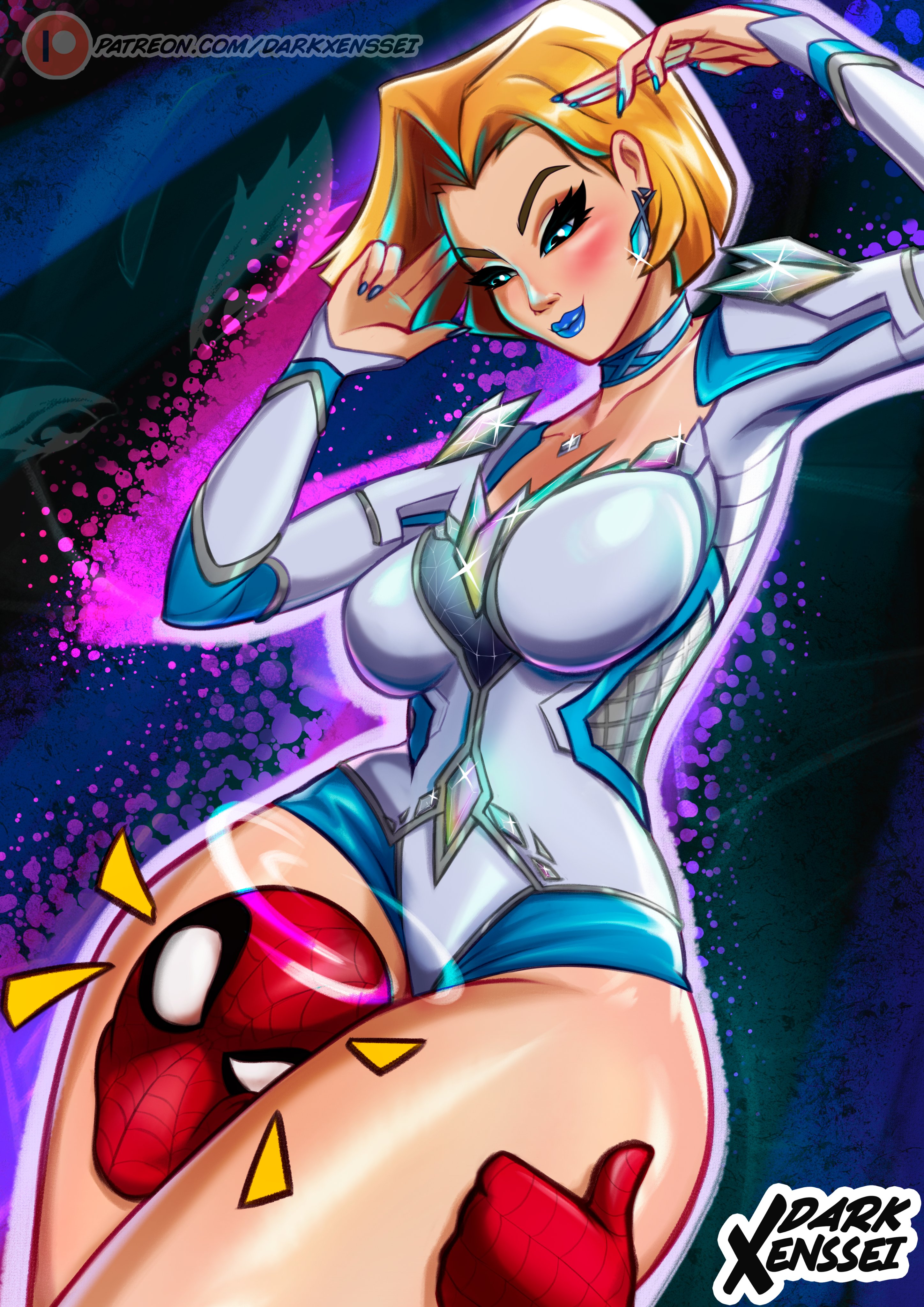 1boy, 1girls, below view, big breasts, blonde female, blonde hair, blue eyes, blue lipstick, blue nails, bob cut, breasts, closed mouth, closed mouth smile, darkxenssei, emma frost, emma frost (marvel rivals), english text, eyelashes, female, female focus, femdom, hair behind ear, head between thighs, headscissor, hi res, large breasts, leotard, light skin, light-skinned female, low-angle view, male, male/female, marvel, marvel comics, marvel rivals, medium hair, peter parker, smile, smiling, spider-man, spider-man (marvel rivals), spider-man (series), straight, text, thick thighs, thighs, thumbs up, viewed from below, wide hips