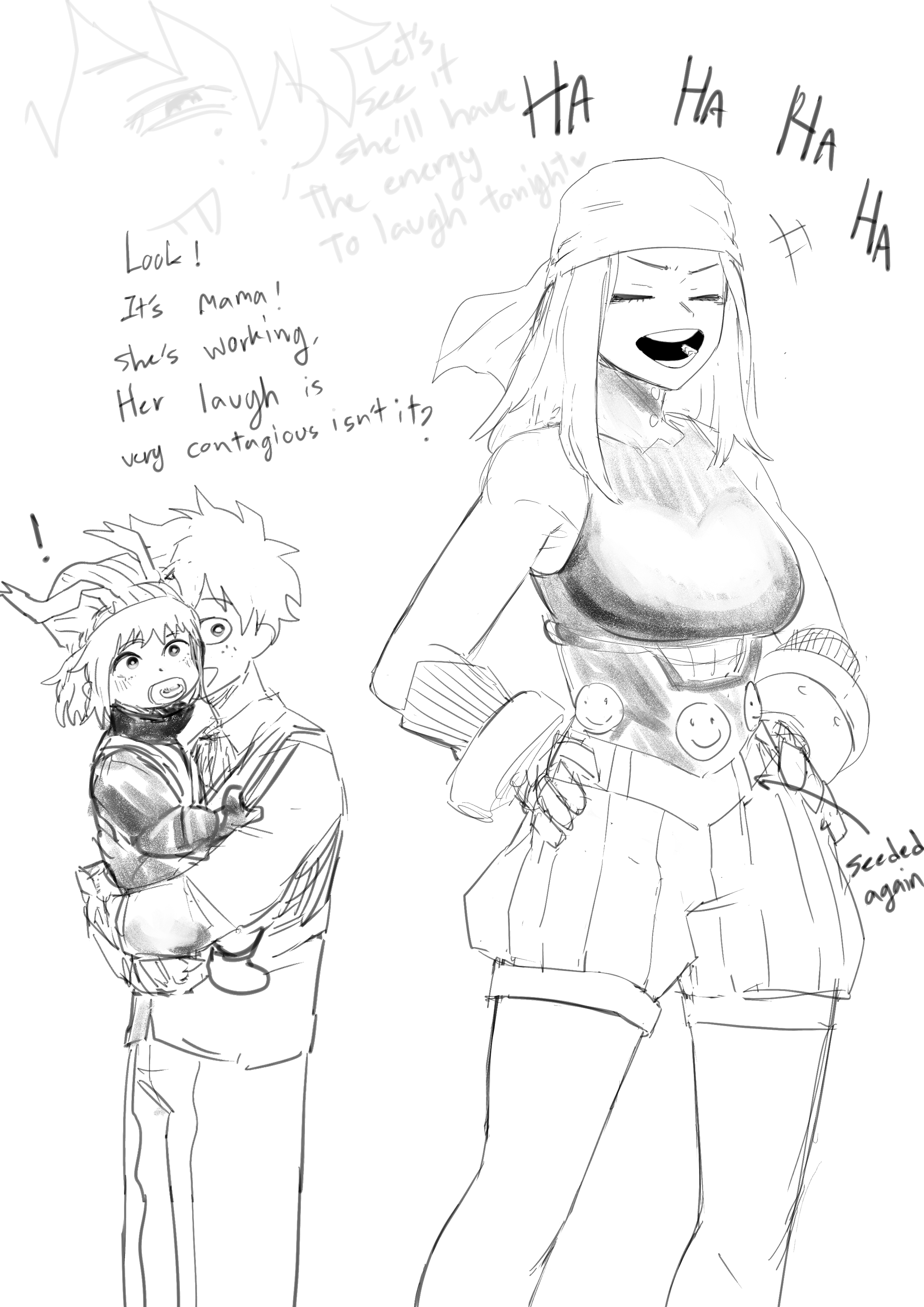 1boy, 1girls, amano44, black and white, boku no hero academia, deku, emi fukukado, english text, father, female, fukukado emi, hero outfit (mha), heroine, izuku midoriya, laugh, laughing, male, midoriya izuku, monochrome, mother, my hero academia, my hero academia (finale), post-timeskip, pregnant, pregnant female, sketch, son, text