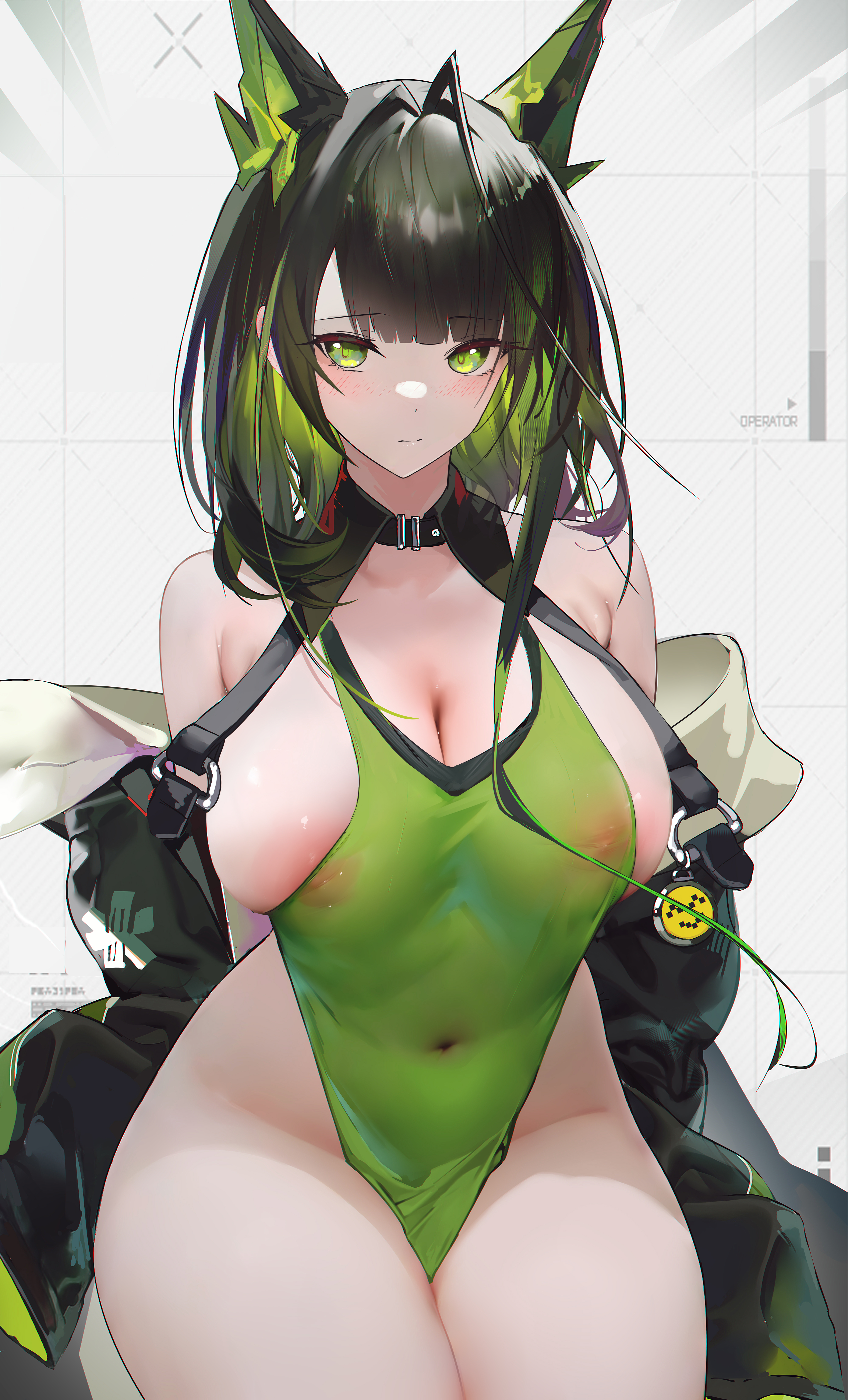 1girls, ahoge, animal ears, areolae, arknights, bare shoulders, big breasts, blush, breasts, cleavage, embarrassed, female, female only, green eyes, green hair, highres, hips, huge breasts, kemonomimi, large breasts, light skin, light-skinned female, looking at viewer, medium breasts, mon3tr (arknights), navel, navel visible through clothes, nipples, nipples visible through clothing, omone hokoma agm, one-piece swimsuit, see-through, see-through clothing, sitting, small clothes, solo, swimsuit, tagme, thighs, tight fit, wide hips