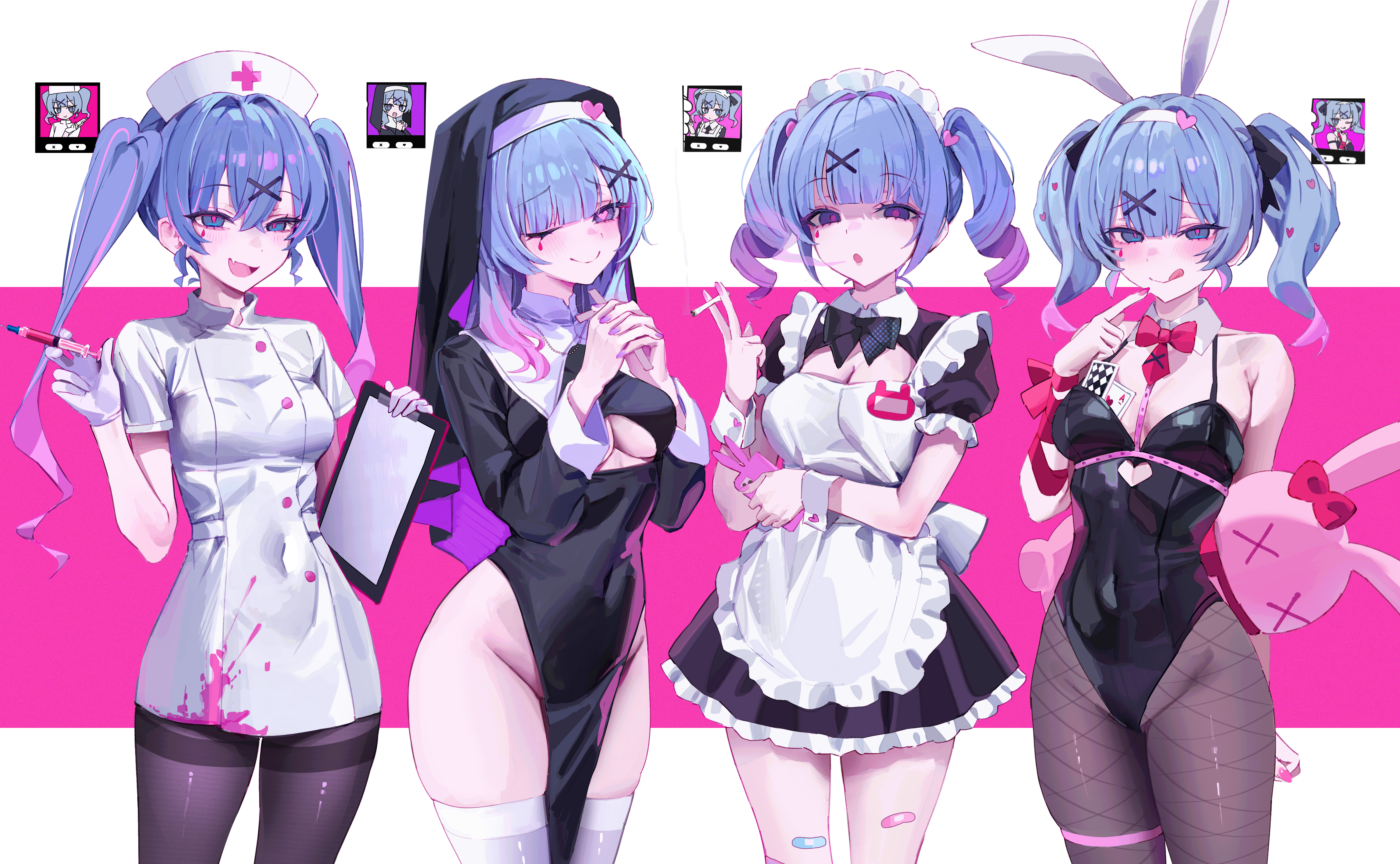 1girl, 1girls, animal ears, apron, bandaid, bangs, black dress, black leotard, blood, blood on clothes, blood on face, blue eyes, blue hair, blush, bow, bowtie, bra, breasts, bunnysuit, cleavage, cleavage cutout, clipboard, closed mouth, clothing cutout, covered navel, cowboy shot, detached collar, dress, fake animal ears, female, fishnets, frills, fungi542, gloves, gompang 11, gradient hair, groin, habit, hair ornament, hat, hatsune miku, heart, heart-shaped pupils, holding, holding clipboard, holding syringe, leotard, long hair, long sleeves, looking at viewer, maid, maid headdress, maid uniform, medium breasts, multicolored hair, multiple views, nun, nun outfit, nun's habit, nurse, nurse cap, nurse uniform, one eye closed, open mouth, own hands together, pantyhose, pelvic curtain, pink background, playboy bunny, puffy short sleeves, puffy sleeves, purple eyes, rabbit ears, rabbit hole (vocaloid), shaded face, short sleeves, smile, stuffed animal, stuffed toy, symbol-shaped pupils, syringe, tagme, tattoo, thighband pantyhose, thighhighs, tongue, tongue out, twintails, underwear, white apron, white gloves, wrist cuffs, x hair ornament