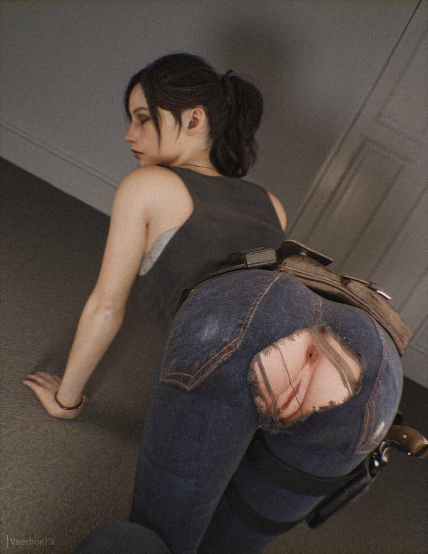 all fours, anal access, anus, asshole, claire redfield, female, no panties, pussy, pussy access, resident evil, resident evil 2, resident evil 2 remake, ripped clothing, ripped pants, temptation, tempting, vaerhonfx