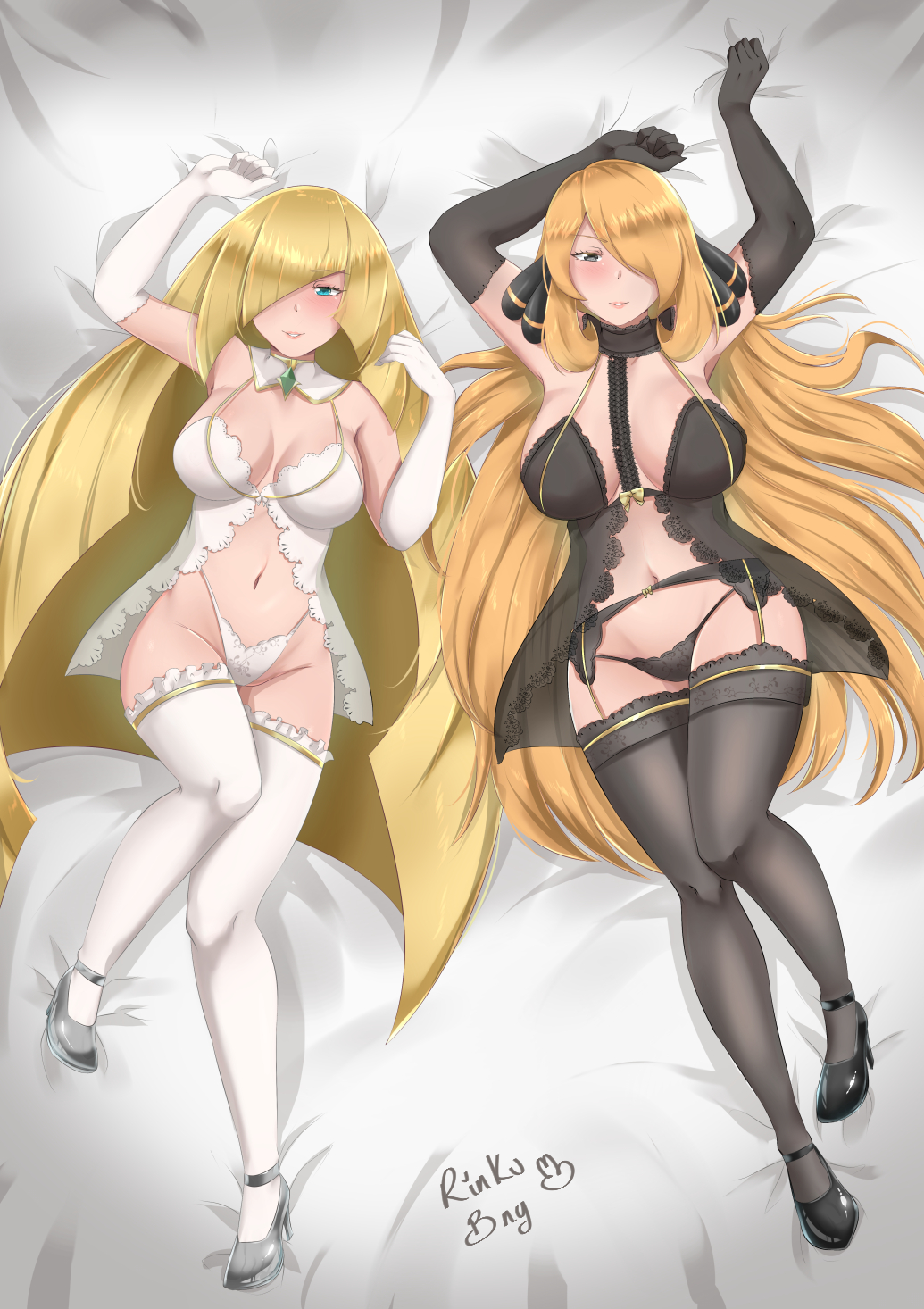 2girls, alternate breast size, bed, big breasts, blonde hair, blush, breasts, cynthia (pokemon), female, female only, green eyes, hair ornament, high heels, large breasts, lingerie, long hair, lusamine (pokemon), negligee, nintendo, on bed, panties, pokemon, pokemon dppt, pokemon sm, rinku bny, thick thighs, thighhighs, thighs