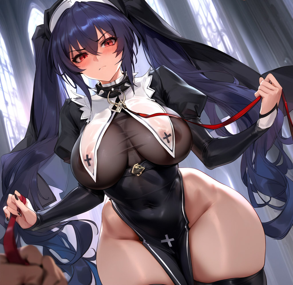 1girls, ai generated, bangs, black dress, black hair, black legwear, blue hair, blush, breasts, choujigen game neptune, covered navel, covered nipples, curtains, dress, female, fourina, game, hair between eyes, holding, indoors, large breasts, leash, leash pull, long hair, long sleeves, looking at viewer, noire, noire (neptunia), nun, pov, red eyes, see-through, thick thighs, thighhighs, thighs, twintails