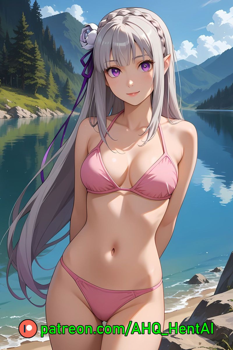 1girls ahq_hentai ai_generated big_breasts bikini breasts emilia_(re:zero) exposed_breasts female hair_flower lake mountain patreon perfect_body re:zero_kara_hajimeru_isekai_seikatsu sexy stable_diffusion
