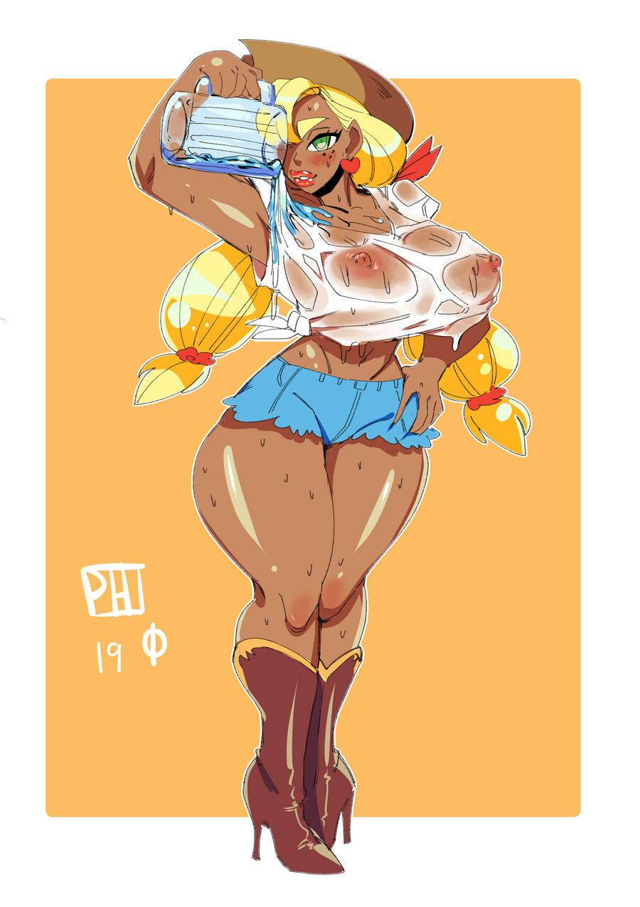 applejack (mlp), ass, bimbo, bimbophi, breasts, covered nipples, denim shorts, female, high heels, huge ass, huge breasts, my little pony, navel, nipples, straight hair, thick lips, thick thighs, wet shirt, wide hips