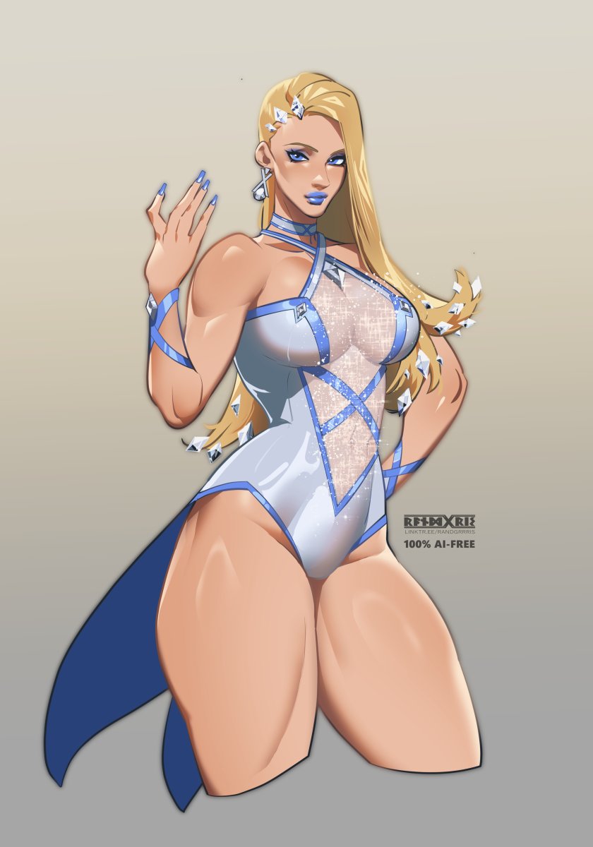 1girls, blonde female, blonde hair, blue lipstick, blue nails, bob cut, breasts, emma frost, emma frost (marvel rivals), female, female focus, female only, hi res, large breasts, leotard, light skin, light-skinned female, looking at viewer, marvel, marvel comics, marvel rivals, muscular, muscular female, randgris, solo, strstyler, thick thighs, thighs, wide hips