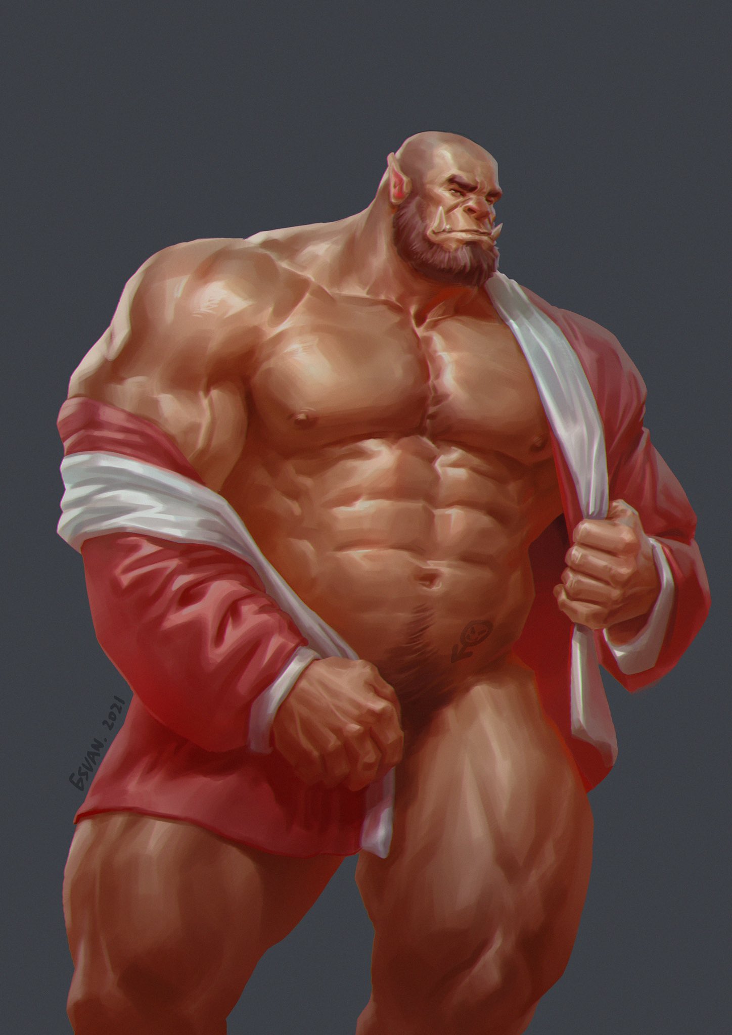 6suan beard christmas clothed clothing dark-skinned_male dark_skin facial_hair hi_res holidays humanoid male male_focus male_only muscular muscular_male nipples orc orc_male partially_clothed red_clothing solo vein