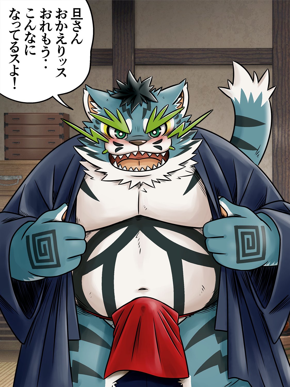 2021 anthro asian_clothing belly black_nose blue_body blue_fur blush bulge clothed clothing east_asian_clothing erection erection_under_clothing felid fundoshi fur hi_res humanoid_hands inside japanese_clothing japanese_text kemono male mammal mind_drive mizuse_higomaru moobs overweight overweight_male pantherine raiden_shin'emon red_clothing red_fundoshi red_underwear sengoku_puzzle solo text tiger underwear video_games white_body white_fur