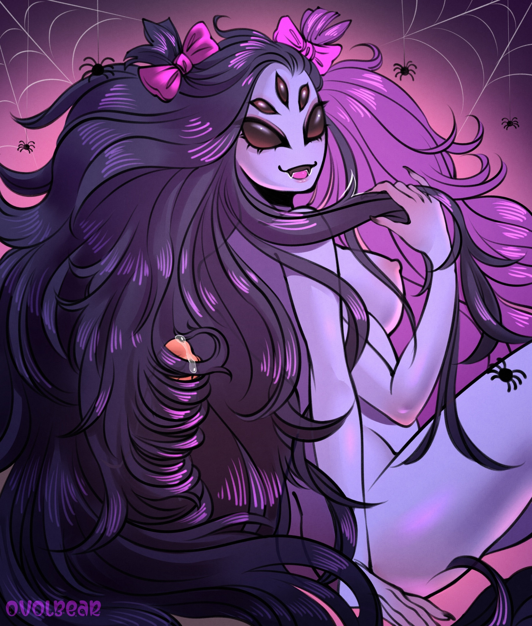 5 eyes, big breasts, breasts, commission, disembodied penis, fangs, female, hairjob, long hair, looking at viewer, majestic, male, milffet, monster girl, muffet, multi eye, ovolbear, penis, precum, ribbon, spider, spider girl, spider web, straight, thick thighs, undertale, undertale (series), watermark