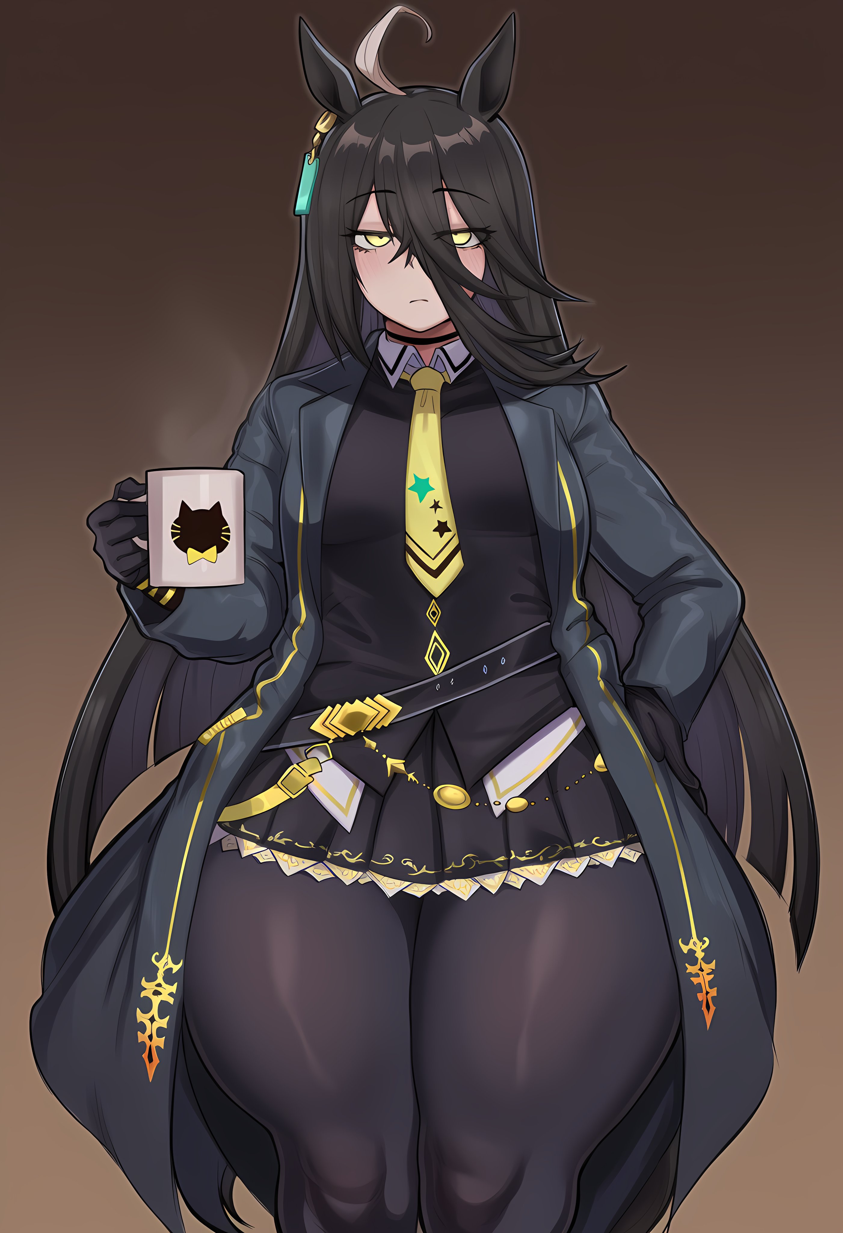 ai generated, belt, big thighs, black belt, black blazer, black choker, black coat, black gloves, black hair, black pleated skirt, blazer, calm expressions, choker, collared shirt, cup of coffee, expressionless, female, focus on thighs, gloves, gold pockets, holding, holding cup, holding object, horse ears, horse ears girl, horse girl, huge thighs, hydra ai, legs, long hair, manhattan cafe (umamusume), overcoat, pantyhose, pleated skirt, pockets, shirt, skirt, slim female, slim waist, small breasts, thighs, tie, umamusume, umamusume pretty derby, waist, white ahoge, white collared shirt, white loafers, white trim, yellow eyes, yellow tie