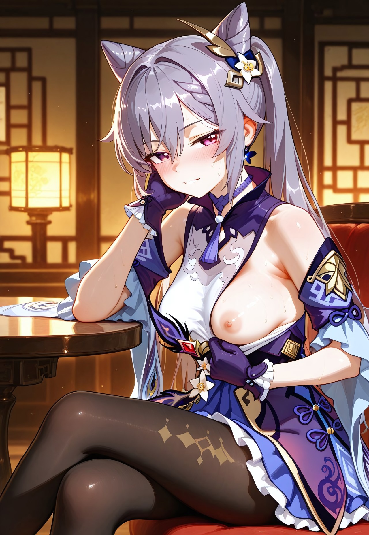 1girls, ai generated, black legwear, breasts, breasts out, clothed, clothing, detached sleeves, dress, female, flashing, flashing breasts, genshin impact, hair ornament, hi res, indoors, keqing (genshin impact), long hair, looking at viewer, medium breasts, nipples, pantyhose, presenting, presenting breasts, pulling clothing, purple eyes, purple gloves, purple hair, smile, solo, solo female, tagme