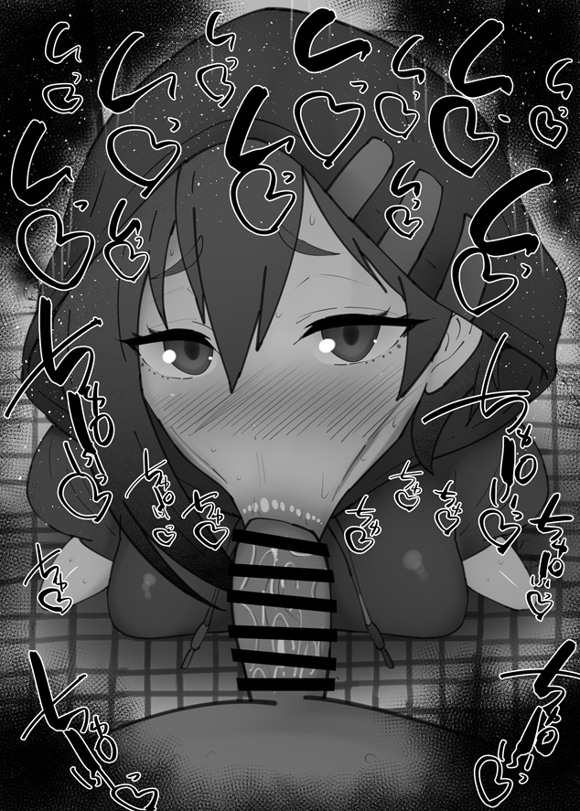 :>=, 1boy, 1girls, ahoge, black and white, blowjob, blush, censored, dark skin, dark-skinned male, detailed background, drooling, eyelashes, fellatio, female, haraga kurumi, heart, hood, human, indoor, inside, kimi no koto ga dai dai dai dai daisuki na 100-nin no kanojo, kneeling, kurotama, looking at viewer, male, male pov, oral, oral sex, penis, pov, room, saliva, shiny, shiny skin, short hair, sketch, sound effects, squatting, sweat, text, vein, veins, veiny, veiny penis