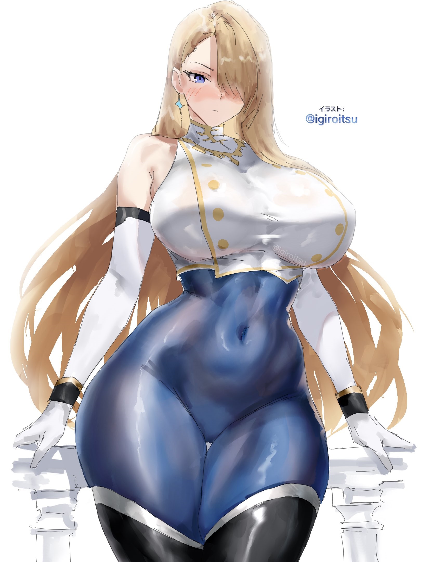 blonde hair, blue eyes, blush, bodystocking, breasts, brown dust (series), brown dust 2, commentary, covered navel, cowboy shot, earrings, elbow gloves, female, gloves, highres, igiroitsu, jewelry, large breasts, long hair, simple background, skin tight, solo, twitter username, very long hair, white background, white gloves, wilhelmina (brown dust)