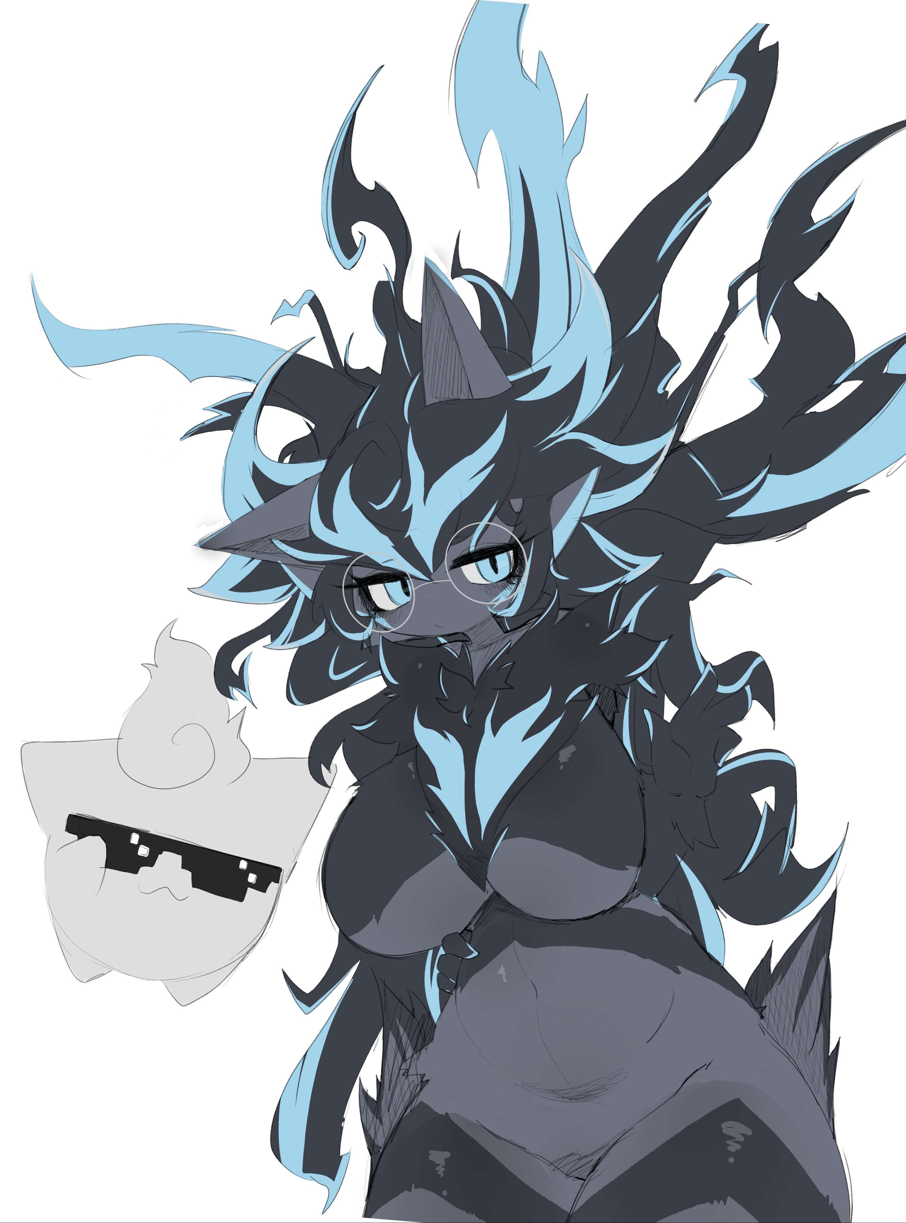 black hair, blue eyes, breasts, enexofme, feline, female, glasses, king of doom phono, long hair, rule 63, tagme, the battle cats