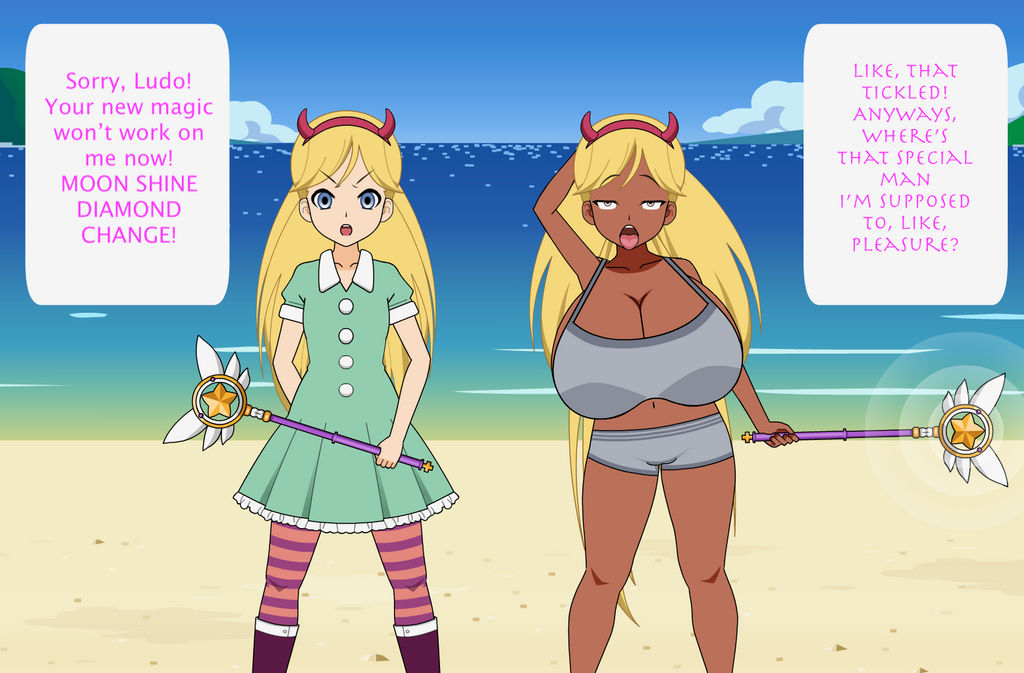 2girls ahe_gao ass_expansion bimbo bimbofication blackification breast_expansion demon_horns ebonization fake_horns female female_only hair_growth huge_breasts kisekae lip_expansion miss_ezzy multiple_girls navel personality_change race_swap royal_magic_wand star_butterfly star_vs_the_forces_of_evil thick_thighs transformation wide_hips