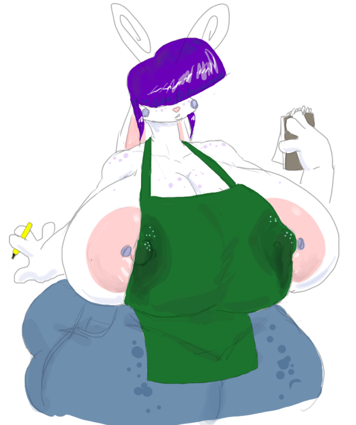 antennae_(anatomy) anthro apron areola big_areola big_breasts bodily_fluids bottomwear breasts cartoonmeat clothing denim denim_clothing female freckles green_apron hair huge_areolae huge_breasts i_mean_breast_milk iced_latte_with_breast_milk jeans lactating lagomorph lilia_(cartoonmeat) long_ears mammal meme nipple_piercing nipples notebook pants pencil_(object) piercing purple_hair solo space_bunny starbucks thick_thighs wet wet_clothing