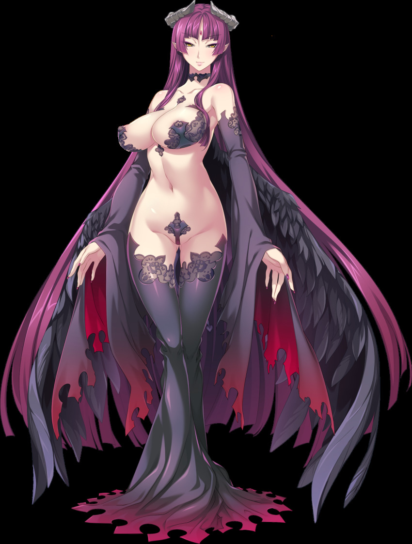 black_legwear demon_girl demon_horns demon_tail empress female forehead_jewel game_cg horns kuroinu_2_~inyoku_ni_somaru_haitoku_no_miyako,_futatabi~ long_hair milf monster_girl navel official_art pointy_ears purple_hair queen radomira succubus succubus_horns succubus_tail succubus_wings thigh_highs yellow_eyes