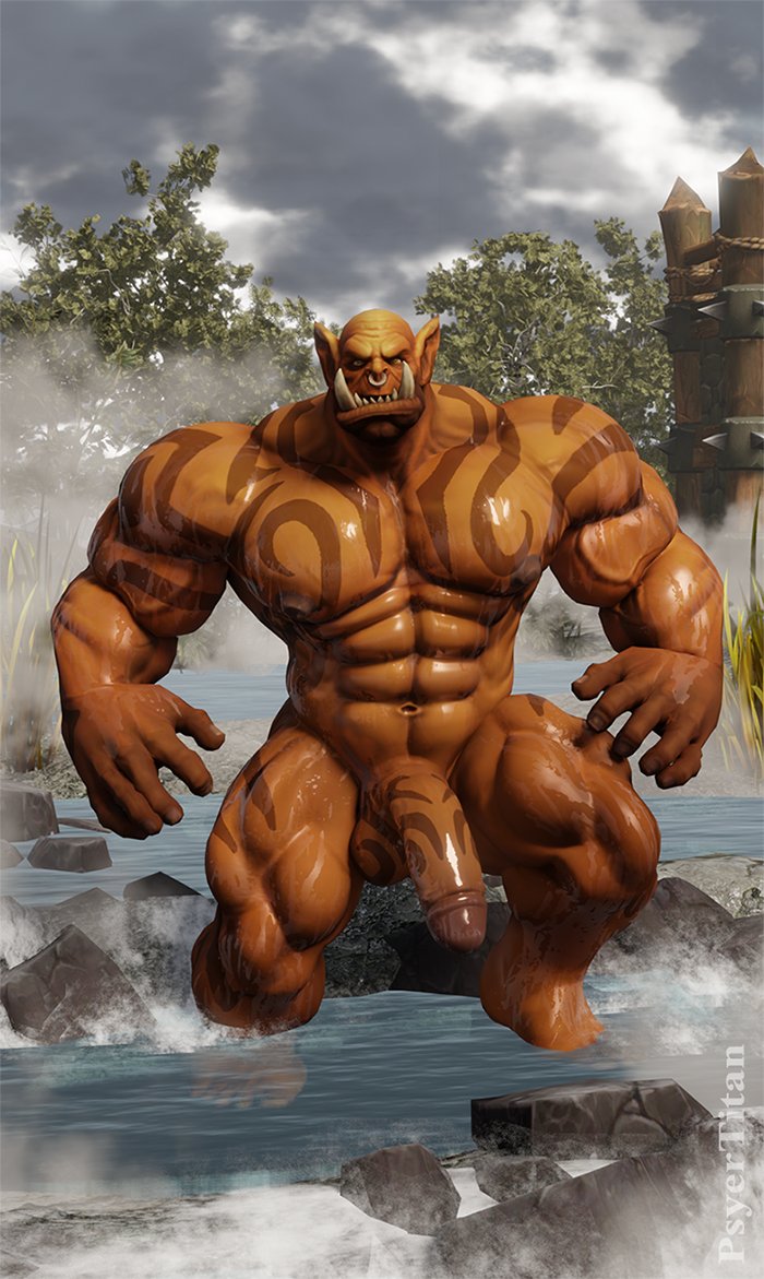 2021 3d_(artwork) artist_name balls big_muscles big_penis blizzard_entertainment cloud dark-skinned_male dark_skin day detailed_background digital_media_(artwork) facial_piercing fence garrosh_hellscream genitals half-erect huge_muscles humanoid humanoid_genitalia humanoid_penis humanoid_pointy_ears looking_at_viewer male male_only mammal muscular muscular_humanoid muscular_male navel nipples nose_piercing nose_ring nude orc orc_male outside partially_submerged penis piercing plant psyertitan quads rock solo splash standing tattoo thick_thighs tree tusks video_games warcraft water wet wet_body