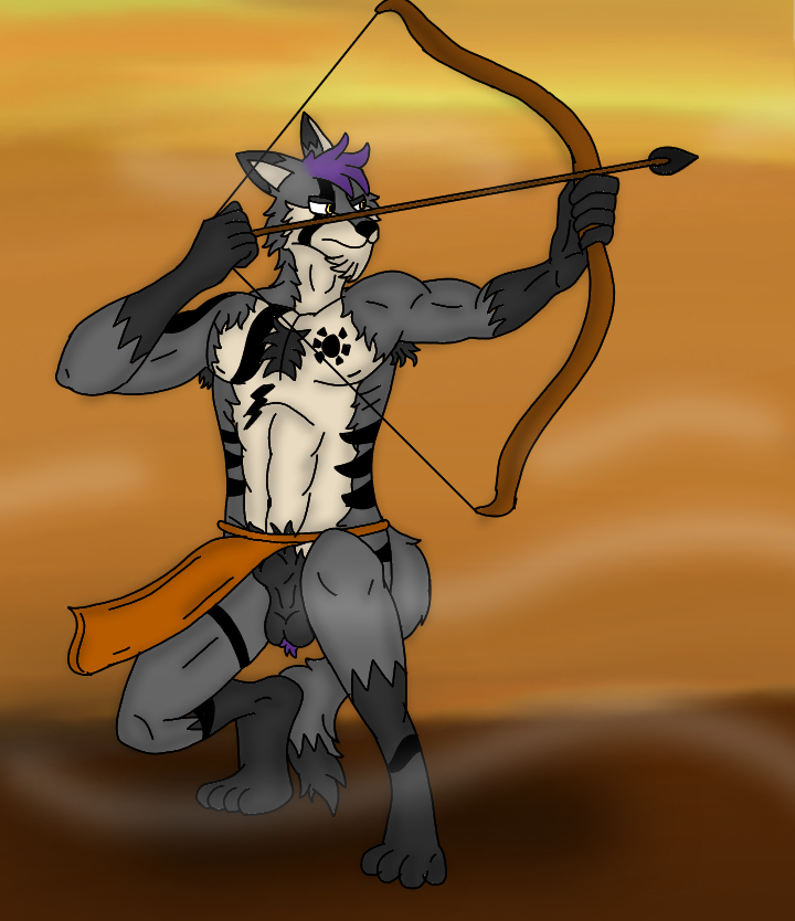 anthro armpit_hair balls body_hair bow_(weapon) canid canine canis fur genitals grey_body grey_fur hair hunting male mammal nicolasthewolf purple_hair ranged_weapon solo solo_male tribal weapon wind wolf