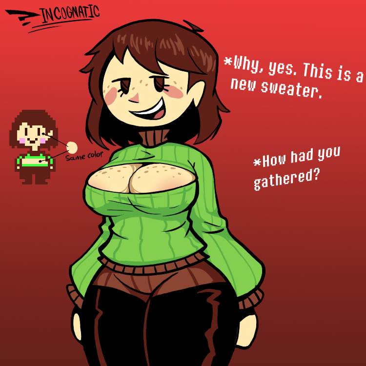 1girls blush boob_window brown_hair chara dialogue english_text female freckles freckles_on_breasts freckles_on_chest freckles_on_face green_sweater human incognatic open_mouth pink_cheeks pixel_art smiling smiling_at_viewer text undertale virgin_killer_sweater wide_hips