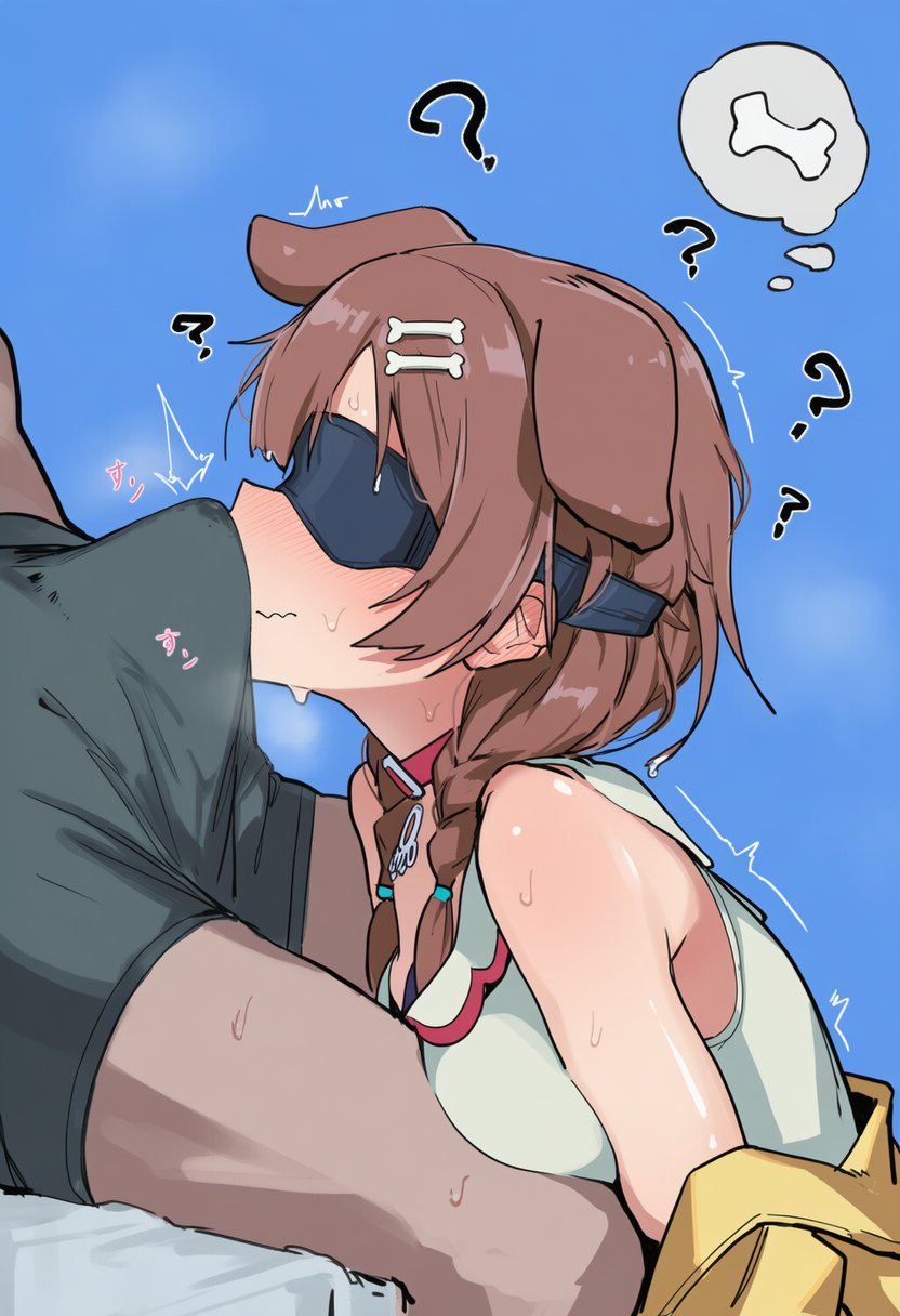 ?, ??, 1boy, 1girls, 2d, ai generated, animal collar, animal ears, black male underwear, blindfold, blue background, blush, bone hair ornament, boxer briefs, braid, breasts, brown hair, bulge, bulge on face, cock, collar, covered eyes, crotch sniffing, dog ears, dog girl, erection, erection under clothes, extra ears, female, from side, hair ornament, hetero, hololive, hololive japan, inugami korone, inugami korone (1st costume), jacket, large breasts, long hair, low twin braids, male, male underwear, male/female, medium breasts, musk, musk clouds, off shoulder, penis, penis on face, red collar, simple background, sleeveless, sloppingslurpie, smell, smelling, sniffing, solo focus, steam, sweat, thought bubble, twin braids, twitching, virtual youtuber, vtuber, white dress, yellow jacket