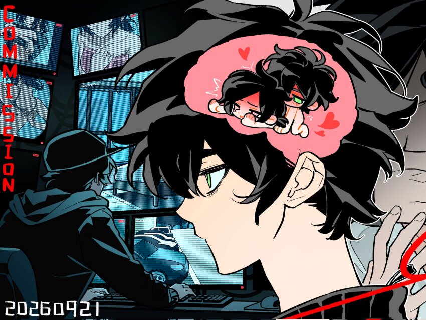 1boy, 1girl, andrew graves, ashley graves, black hair, black sweater, brother and sister, camera, chibi, green eyes, hacked, hacker, hacking, hetero, highres, imagining, incest, mind control, multiple views, pink eyes, ponytail, sex, short hair, siblings, sweater, the coffin of andy and leyley