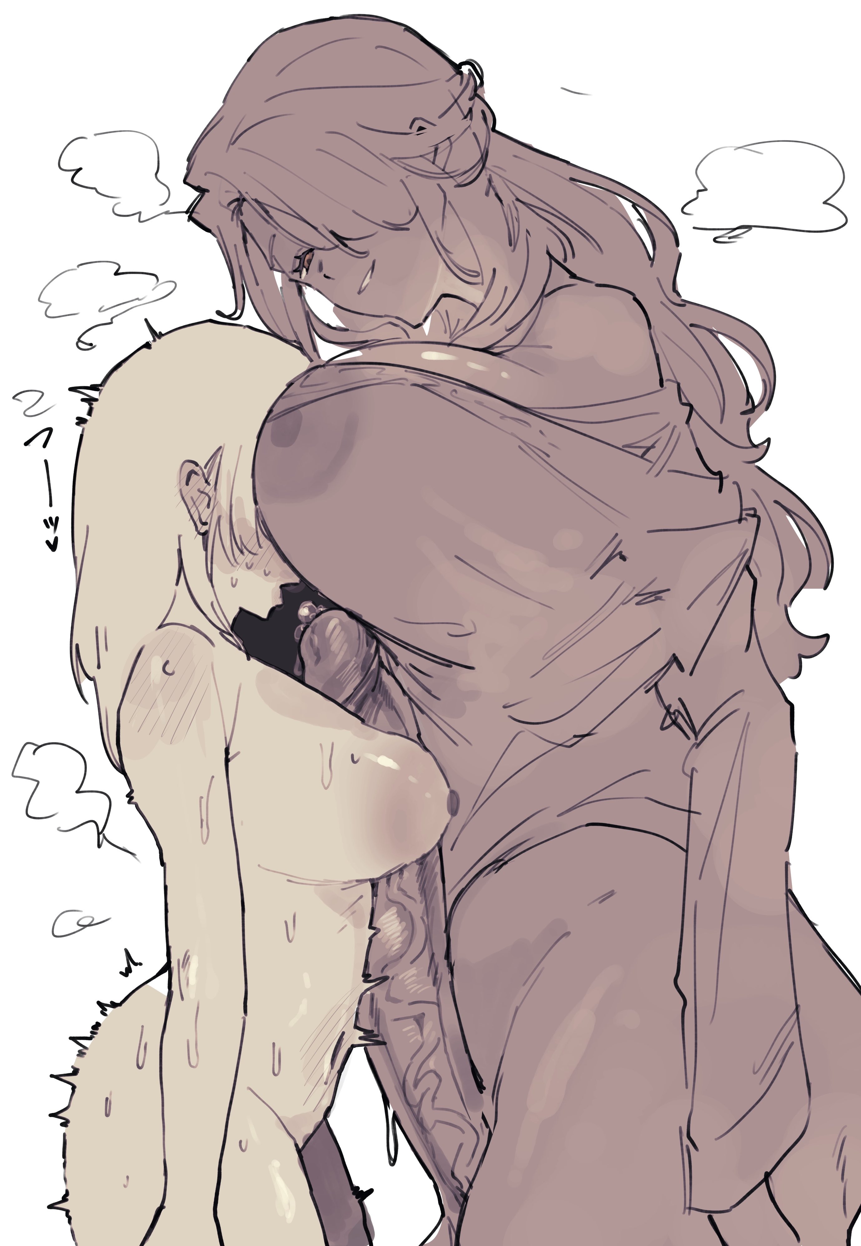 big breasts, big penis, dark skin, dark-skinned female, elden ring, elden ring nightreign, female, female focus, femdom, fromsoftware, futanari, imminent sex, ki (qrg8l), lesbian, nightreign, recluse (elden ring), recluse (nightreign), white background, white hair, yuri