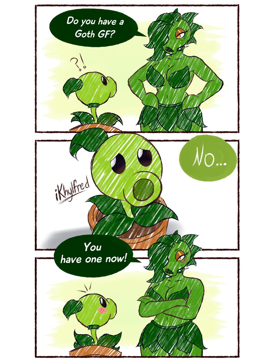 1boy, 1girl, 2026, 2d, 3:4, anthro, artist request, big breasts, blushed face, bra, drawing, electronic arts, english text, green body, green hair, hands on hips, leaf hair, looking at partner, peablaze, peablaze (leafpaw), peashooter (pvz), plants vs zombies, potted plant, sexy body, sexy pose, sfw, skirt, spiked collar, talking to partner, thick thighs, voluptuous female, wholesome