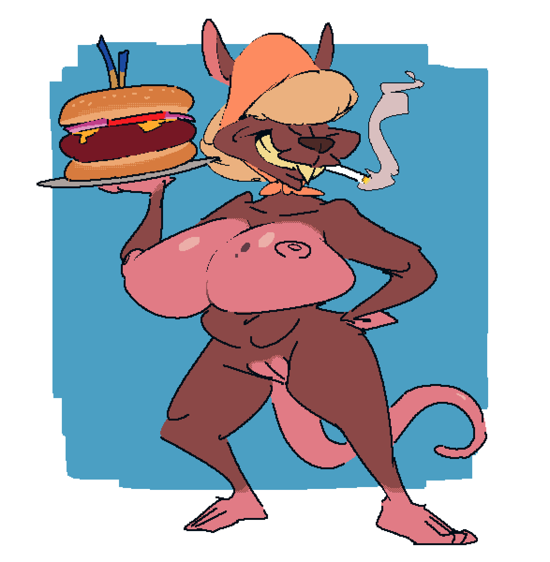 anthro aunty_rat_(smutbooru) beauty_mark big_breasts biped blonde_hair breasts brown_body brown_fur buckteeth burger cigarette female food fur genitals grin hair hair_over_eyes hand_on_hip headscarf hi_res holding_object huge_breasts mammal markings mature_anthro mature_female mole_(marking) mouth_hold murid murine nipples nude pink_nipples pose pussy rat rodent slightly_chubby smile smoke smoking smutbooru solo standing teeth