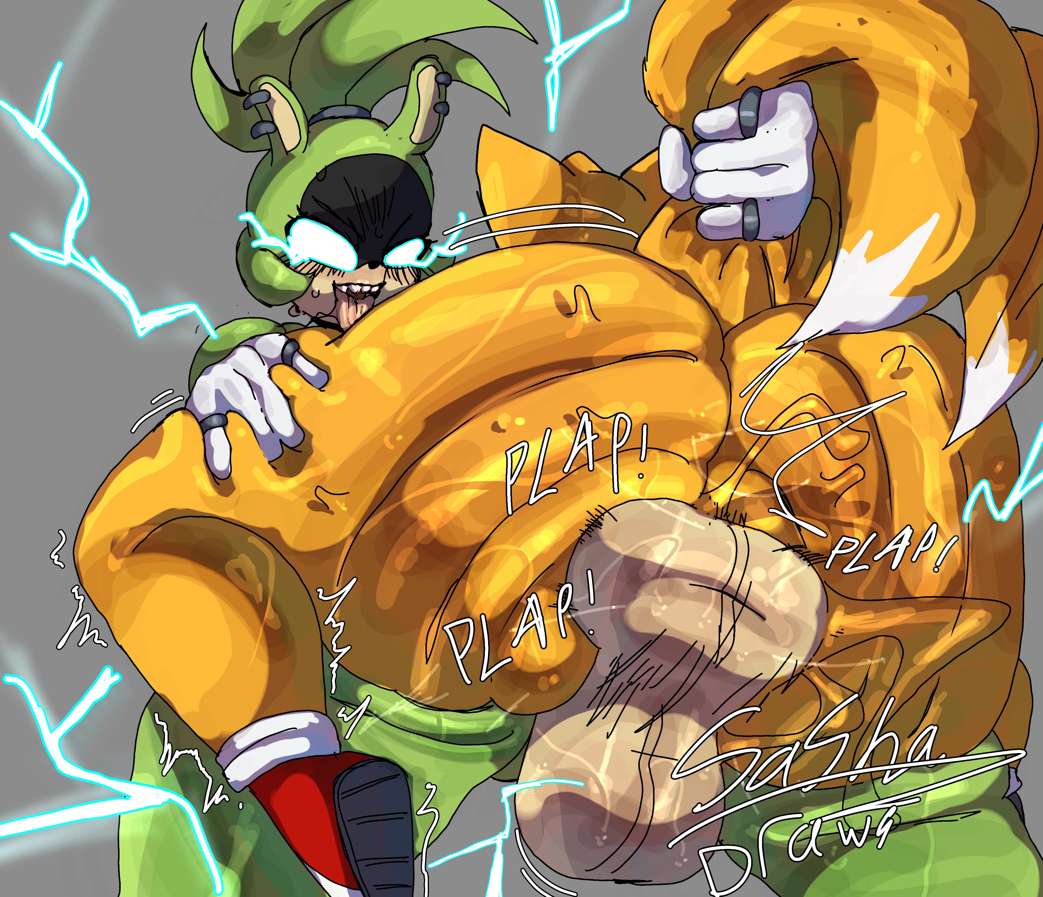 1boy, 1futa, anthro, balls, blush, bouncing balls, femboy, fucked silly, futa on male, futadom, futanari, green fur, huge cock, male, sashadraws, sega, sonic (series), sonic the hedgehog (series), surge the tenrec, tail grab, tails the fox, thick thighs, yellow fur
