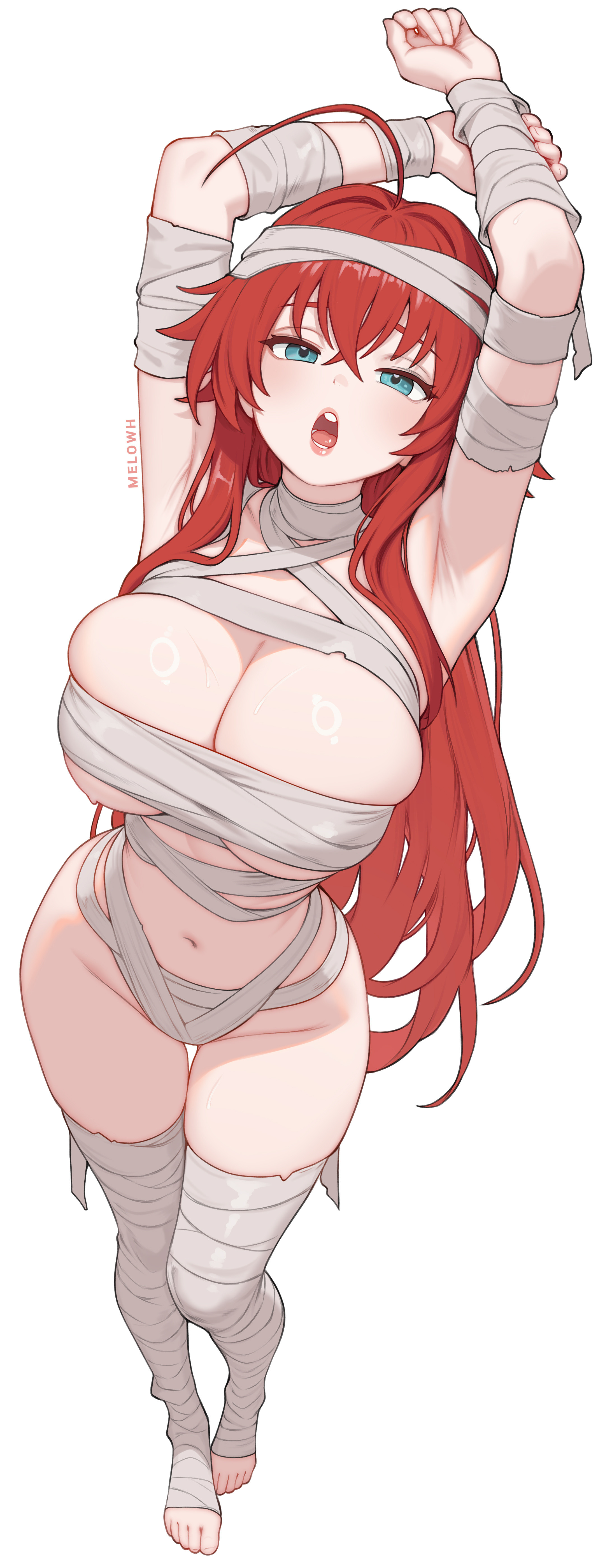 1girls, absurdres, ahoge, aqua eyes, armpits, arms up, bandages, big breasts, breasts, cleavage, commentary, crossed bangs, double-parted bangs, english commentary, female, female only, hair between eyes, high school dxd, highres, large breasts, long hair, long sidelocks, looking at viewer, melowh, mummy costume, naked bandage, navel, red hair, rias gremory, sidelocks, simple background, solo, standing, stomach, thigh gap, toes, very long hair, white background