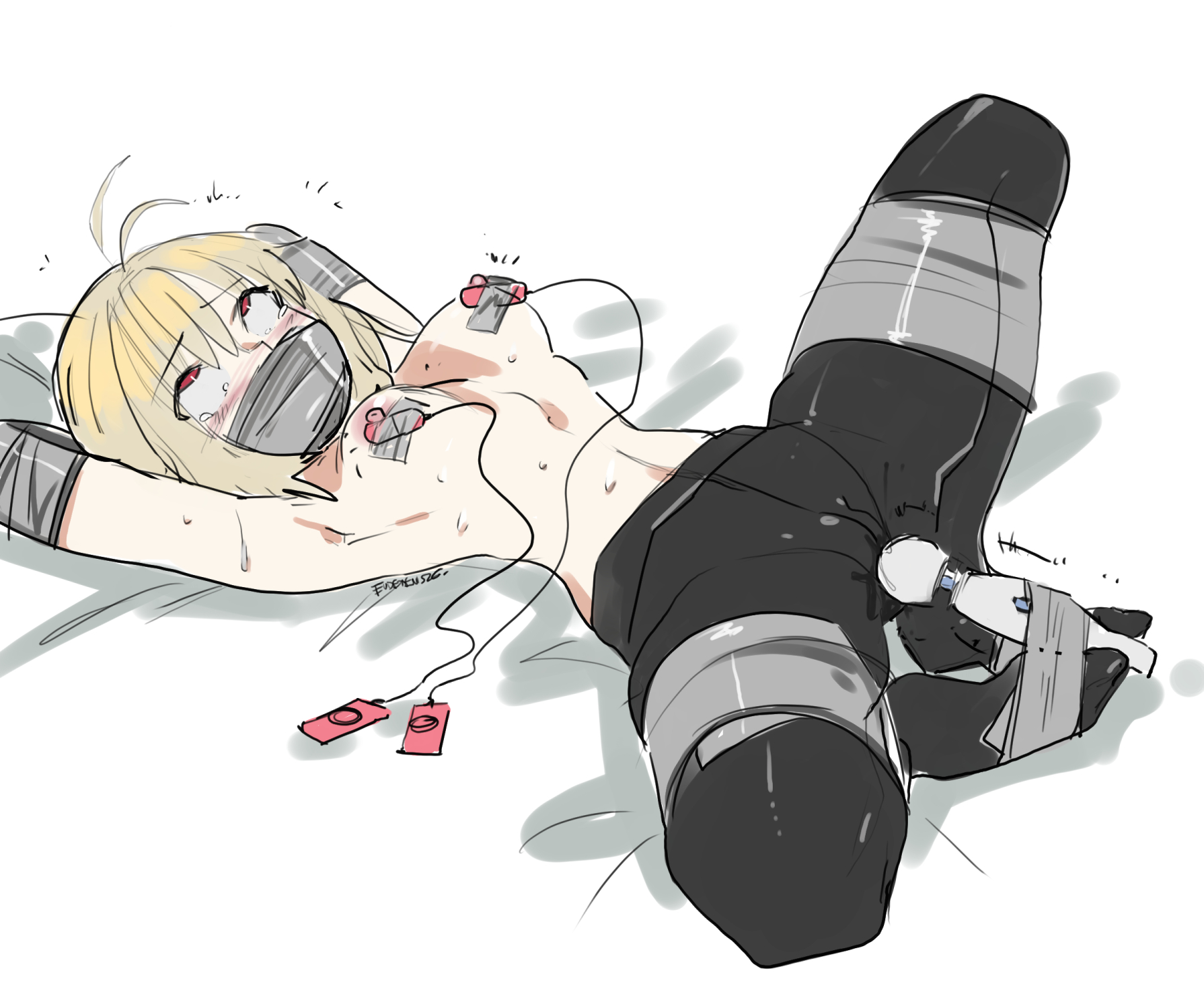 1girl, ahegao, antenna hair, arcueid brunestud, arms behind head, bdsm, black pantyhose, blonde hair, blush, bondage, bound, bound arms, bound legs, breasts, clitoral stimulation, commentary, commission, covered mouth, duct tape, english commentary, eudetenis, forced orgasm, gag, gagged, highres, improvised gag, lying, navel, nipple stimulation, nipple tweak, nipples, no shoes, on back, orgasm, pantyhose, pasties, pussy juice, red eyes, restrained, rolling eyes, sex toy, shiny clothes, short hair, sidelocks, single hair intake, sketch, solo, spread legs, stationary restraints, stomach, sweat, tape, tape bondage, tape gag, tape on nipples, tearing up, tears, trembling, tsukihime, tsukihime (remake), vibrator, vibrator on nipple, white background
