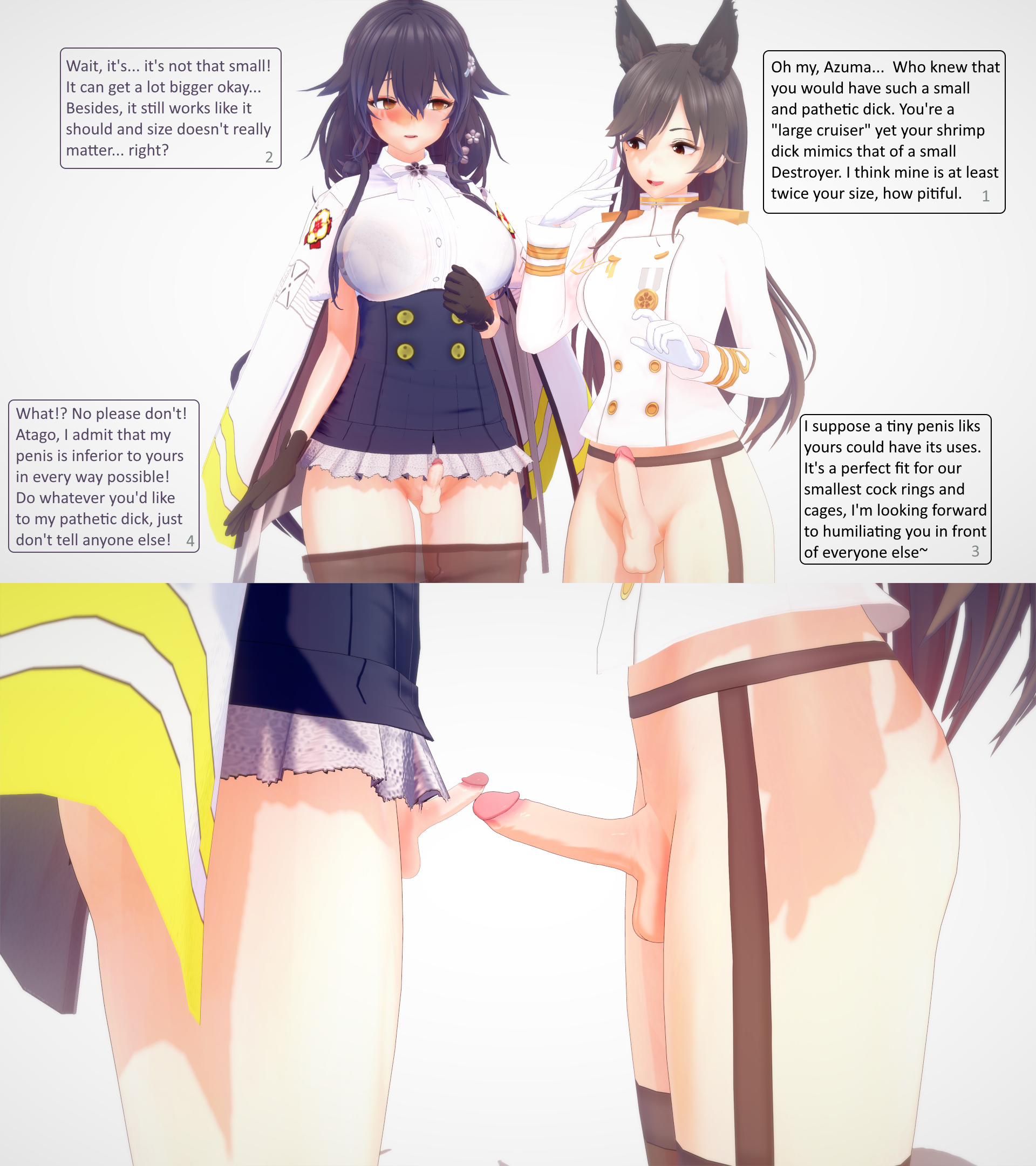 2futas, 3d, ass, atago (azur lane), azuma (azur lane), azur lane, balls, black hair, bottomless, breasts, brown eyes, dialogue, dirty talk, domination, embarrassed, english text, erect penis, erection, foreskin, frottage, futanari, garter belt, gesture, humiliation, intersex, large ass, large breasts, laugh, long hair, multiple penises, no252, open mouth, pantyhose, pantyhose down, partially clothed, penis, penis size comparison, penis size difference, penis size talk, penises touching, pinching gesture, plump, purple hair, retracted foreskin, size talk, small penis, small penis humiliation, smug, testicles, text, thick thighs, uncensored, uncircumcised