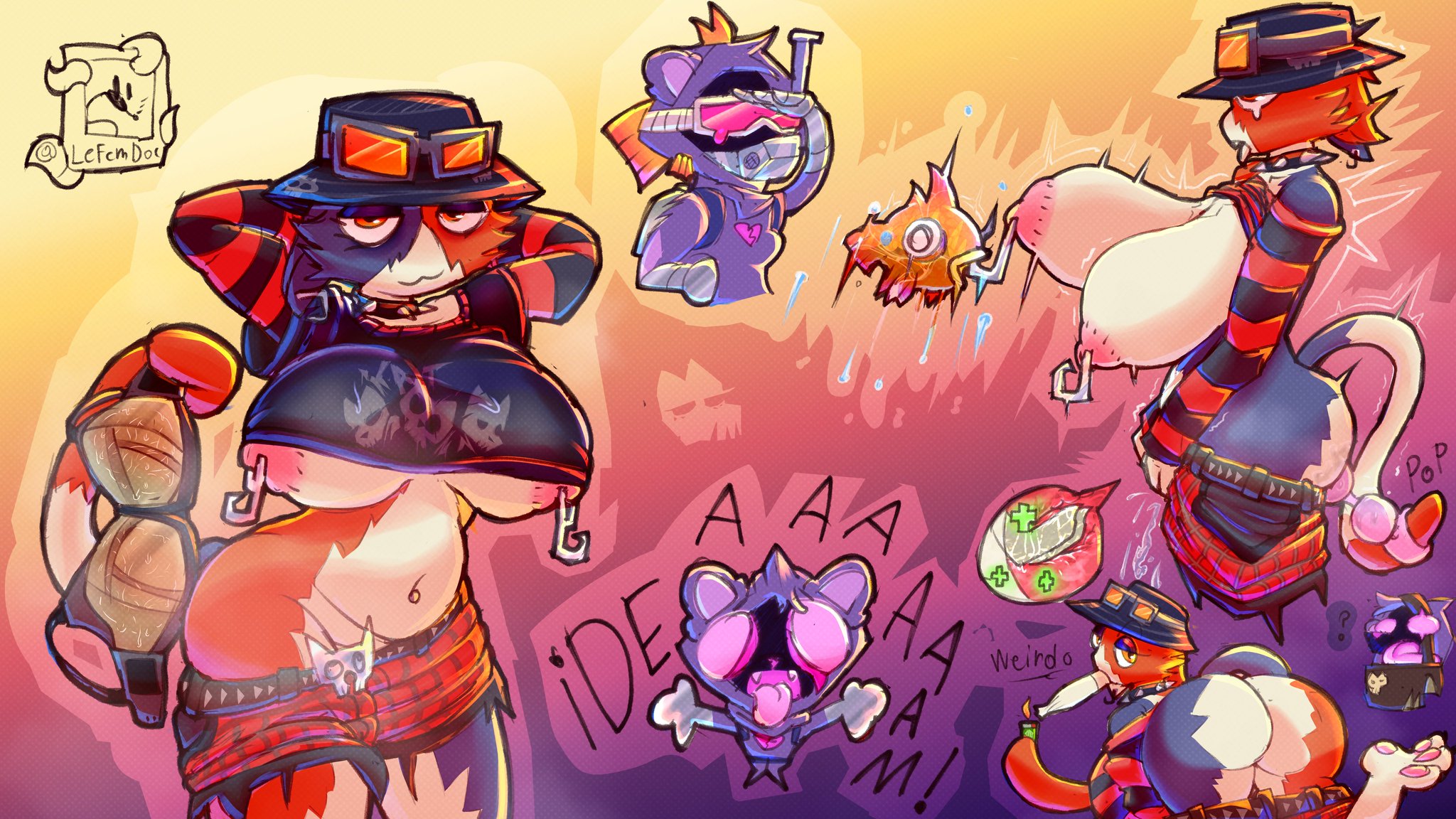 2girls, anthro, areolae, big ass, big breasts, black eyelids, cat girl, cat tail, clothed, clothed sex, color, different angle, epic games, fortnite, glasses, hands behind head, hat, hi res, lefemdoc, looking at viewer, looking away, meow skulls (fortnite), multicolored fur, orange eyes, pierced nipples, raven team leader, seductive look, spiked collar, thick thighs, wide hips