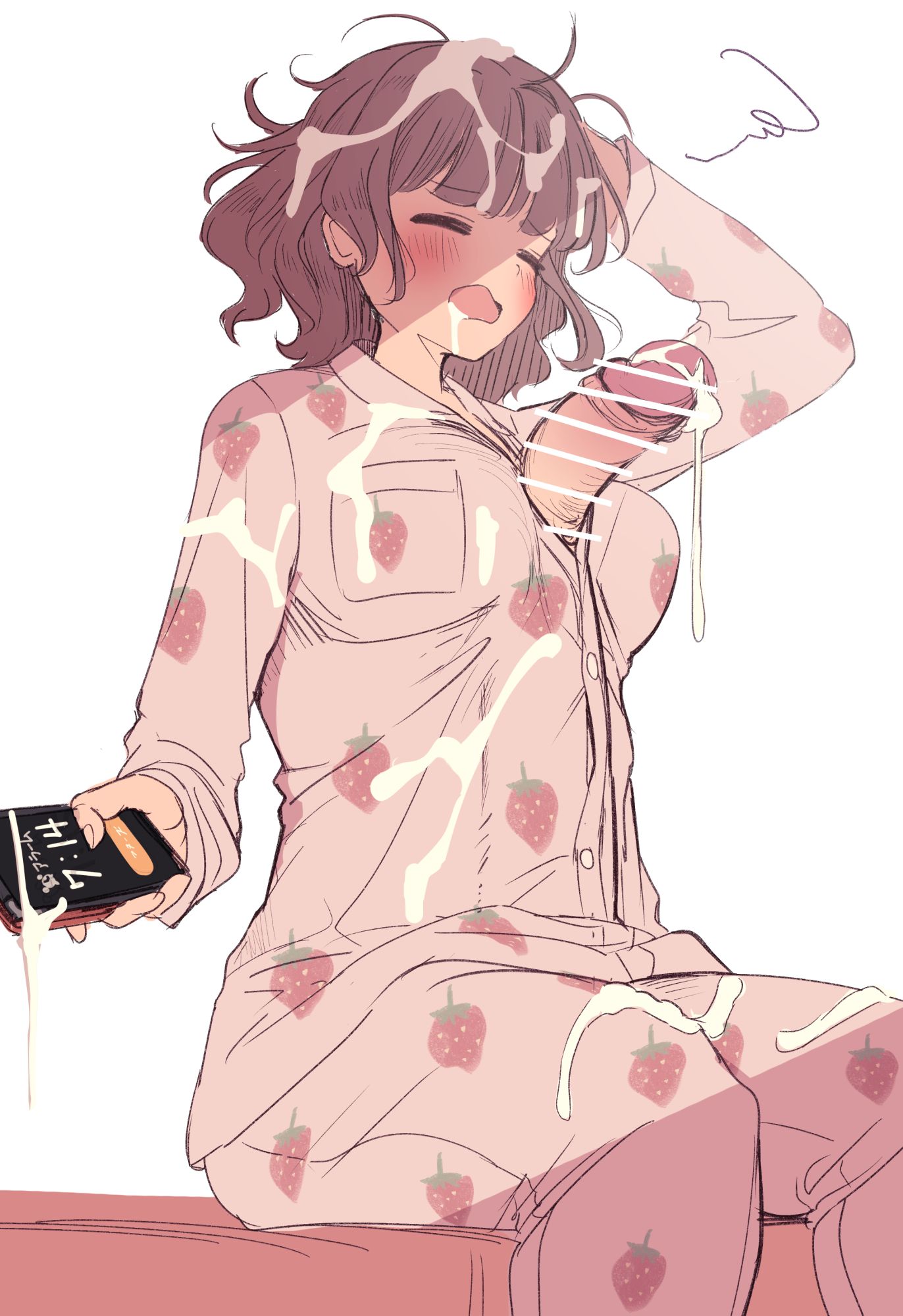 1futa, after ejaculation, artist name, autofacial, autopaizuri, autopaizuri under clothes, balls, bed, bedhead, big balls, big penis, blush, breasts, censor bar, censored, censored penis, clothed, clothing, covered in cum, cum, cum drip, cum everywhere, cum in hair, cum on body, cum on chest, cum on clothes, cum on clothing, cum on face, cum on hair, cum on head, cum on leg, cum on legs, cum on lower body, cum on own chest, cum on own face, cum on own penis, cum on penis, cum on self, cum on upper body, erection, erection under clothes, erection under clothing, eyes closed, futa only, futanari, huge cock, human, intersex, light skin, light-skinned futa, massive penis, messy hair, mostly clothed, mouth open, pajamas, penis, sitting on bed, solo, solo futa, yana (nekoarashi), yawn