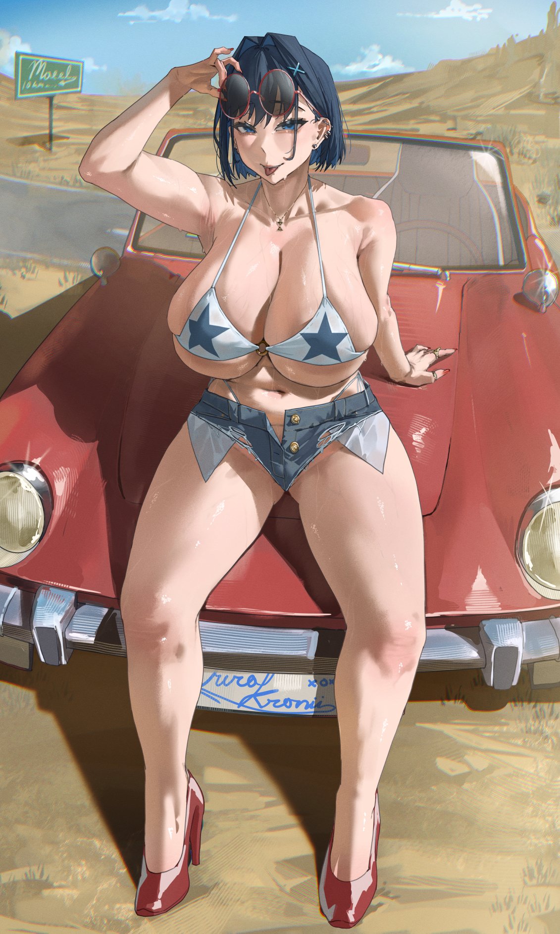 1girls, adjusting glasses, archinoer, arm up, ass, bare arms, bare legs, bare shoulders, big breasts, bikini, bikini top, blue hair, blue sky, blush, blushing, boob spillage, breasts, breasts bigger than head, busty, busty female, car, clavicle, cleavage, clothed female, convertible, daisy dukes, daytime, deep cleavage, earrings, eyebrows, eyelashes, fat thighs, female, female focus, fingernails, hair intakes, hair vents, hairclip, heavy breasts, heels, high heels, hololive, hololive english, hololive english -council-, hololive english -promise-, huge breasts, large breasts, legs apart, light skin, light-skinned female, long legs, massive breasts, midriff, navel, necklace, o-ring bikini, on car, on car hood, ouro kronii, outdoors, painted nails, pierced-ears, red heels, roadside, sagging breasts, seated, shiny skin, short hair, short shorts, shorts, sideboob, sitting, sitting on car, sky, solo, solo focus, sunglasses, sunglasses on head, sweat, sweatdrop, sweating, sweaty body, sweaty breasts, sweaty legs, thick thighs, thighs, tight bikini, tight clothes, tongue out, unbuttoned, unbuttoned shorts, underboob, virtual youtuber, voluptuous, voluptuous female