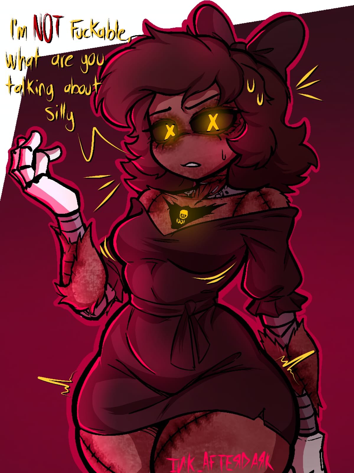 1girls, black hair, black sclera, bottom heavy, bowtie, bowtie on head, breasts, brown skin, child bearing hips, cyn (murder drones), cyntessa (murder drones), dialogue, female, female focus, female only, flustered, glitch productions, hips, looking at viewer, murder drones, robot, robot girl, short hair, skirt, small breasts, small waist, stitches, sweat, sweatdrop, thick thighs, thighs, thin waist, thunder thighs, tight clothing, waist, weirded out, wide hips, yellow eyes
